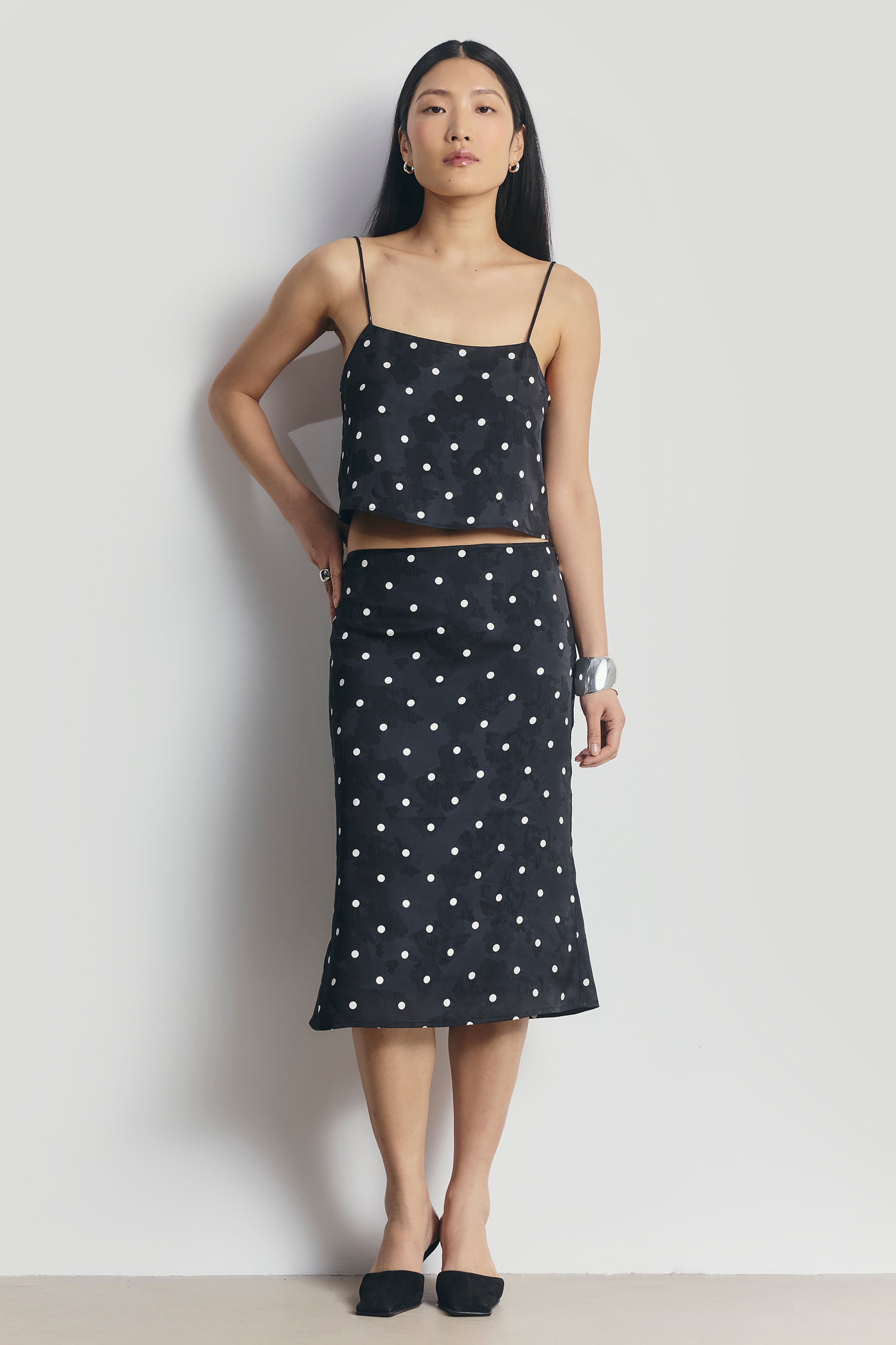 Satin Jacquard Polka Dot Midi Skirt - Black Polka Dot