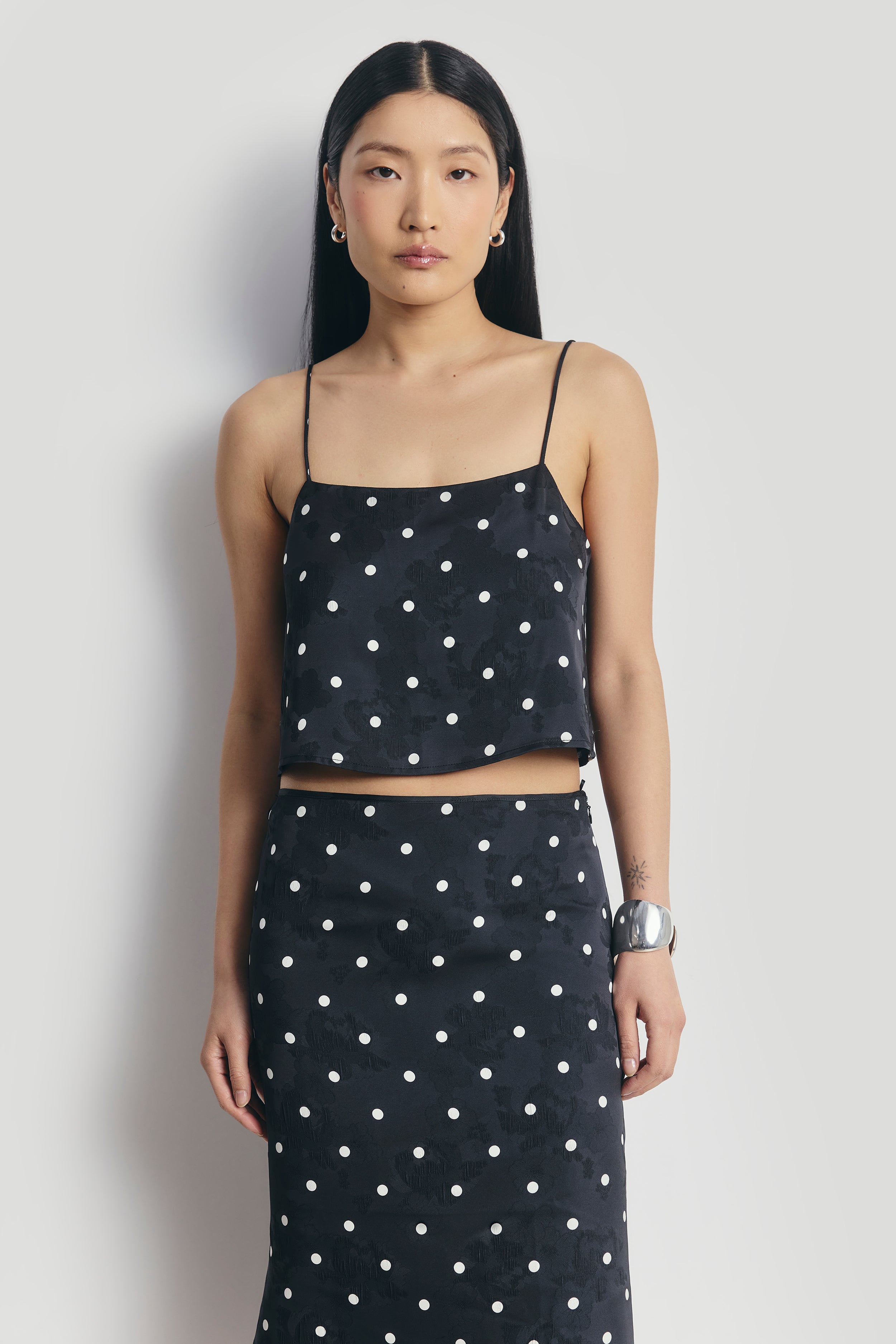 Satin Jacquard Polka Dot Midi Skirt - Black Polka Dot