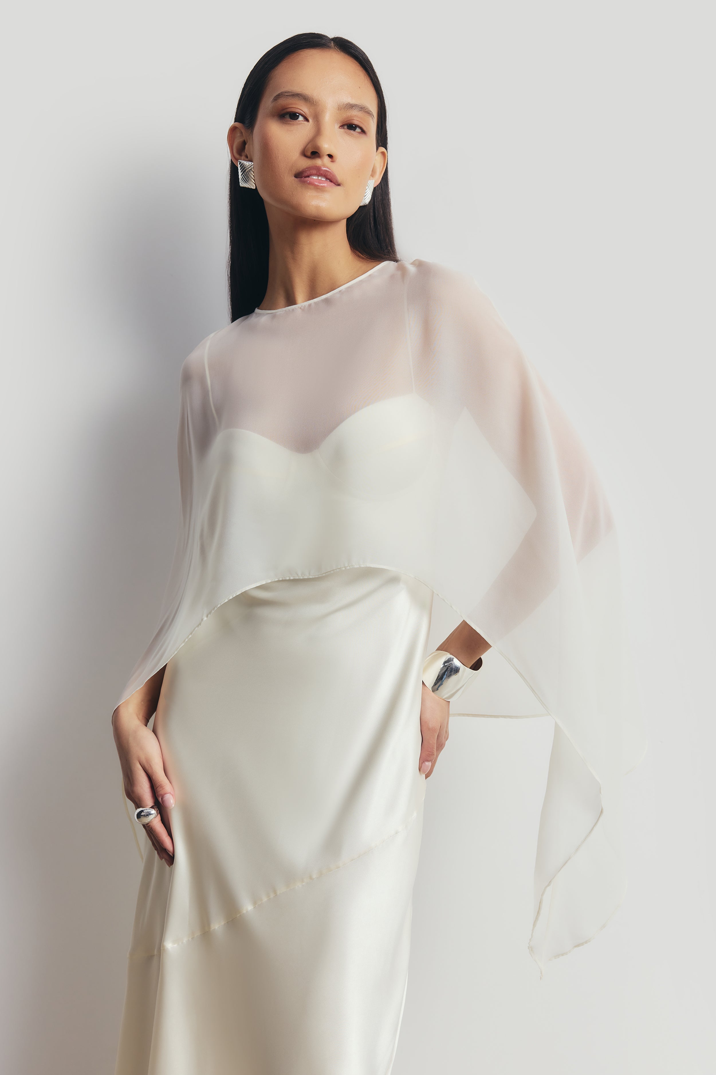 Sheer Chiffon Curved Hem Cape - Cream