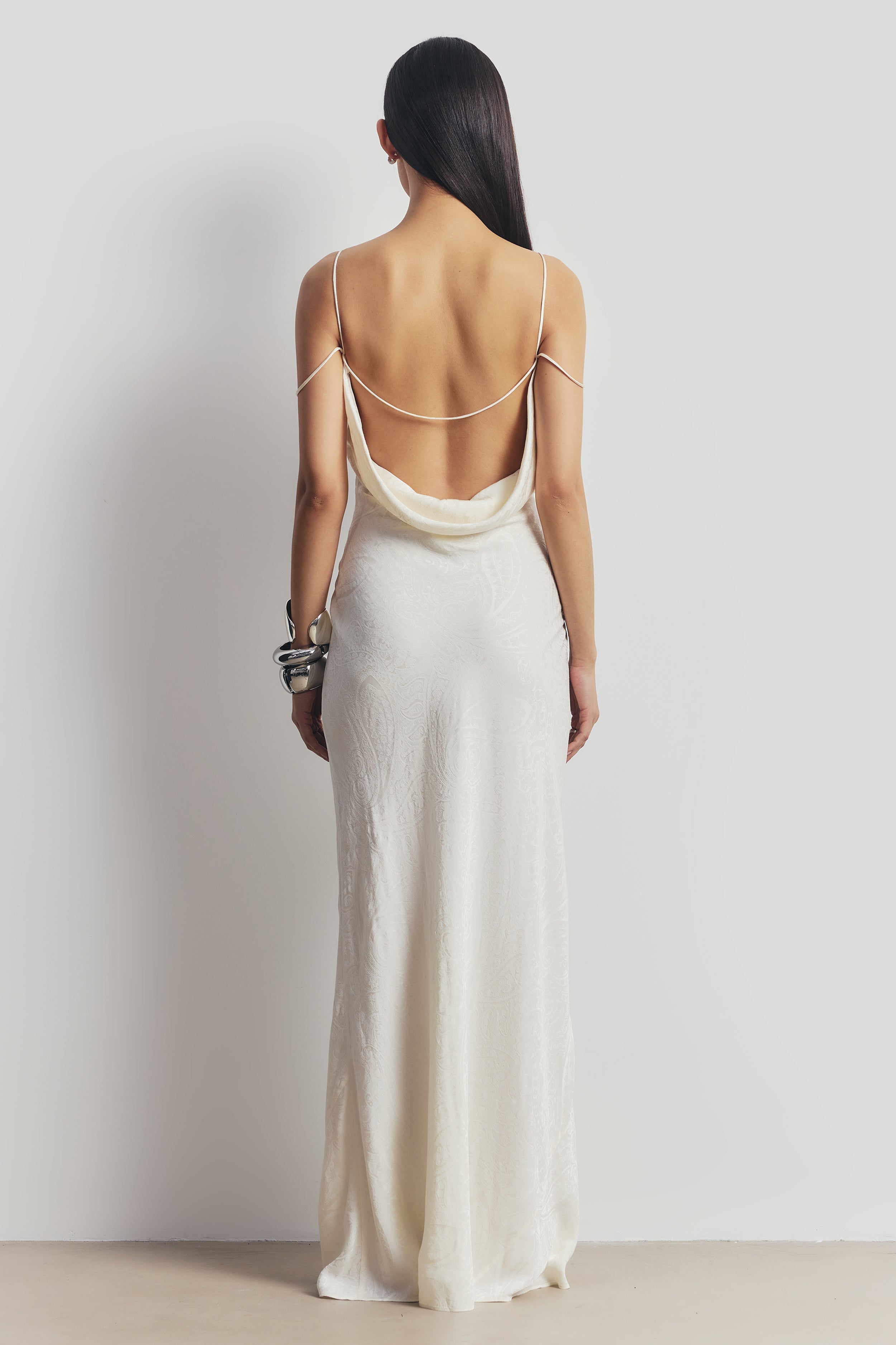 Satin Jacquard Cowl Back Camisole Maxi Dress - Cream