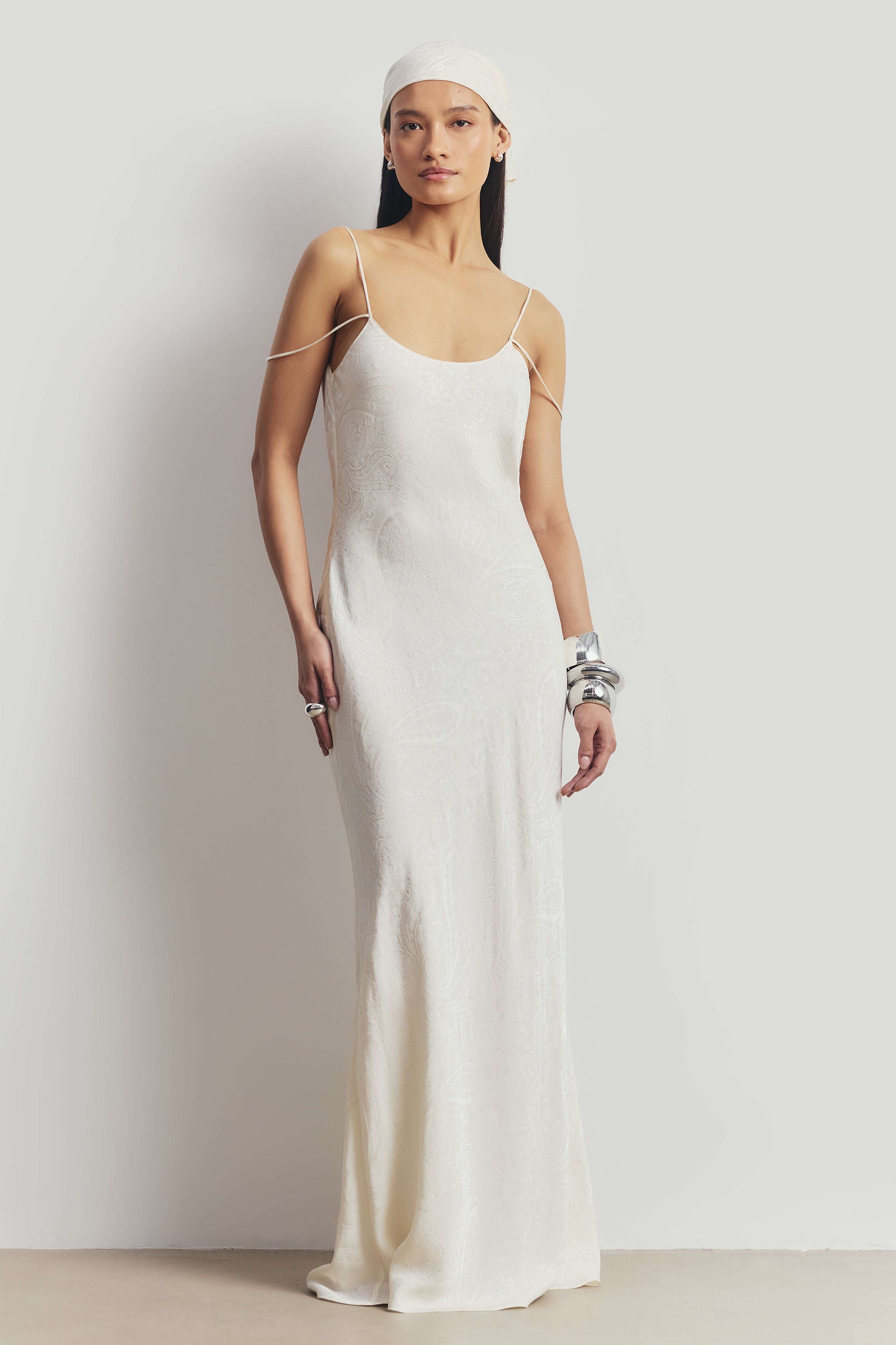 Satin Jacquard Cowl Back Camisole Maxi Dress - Cream