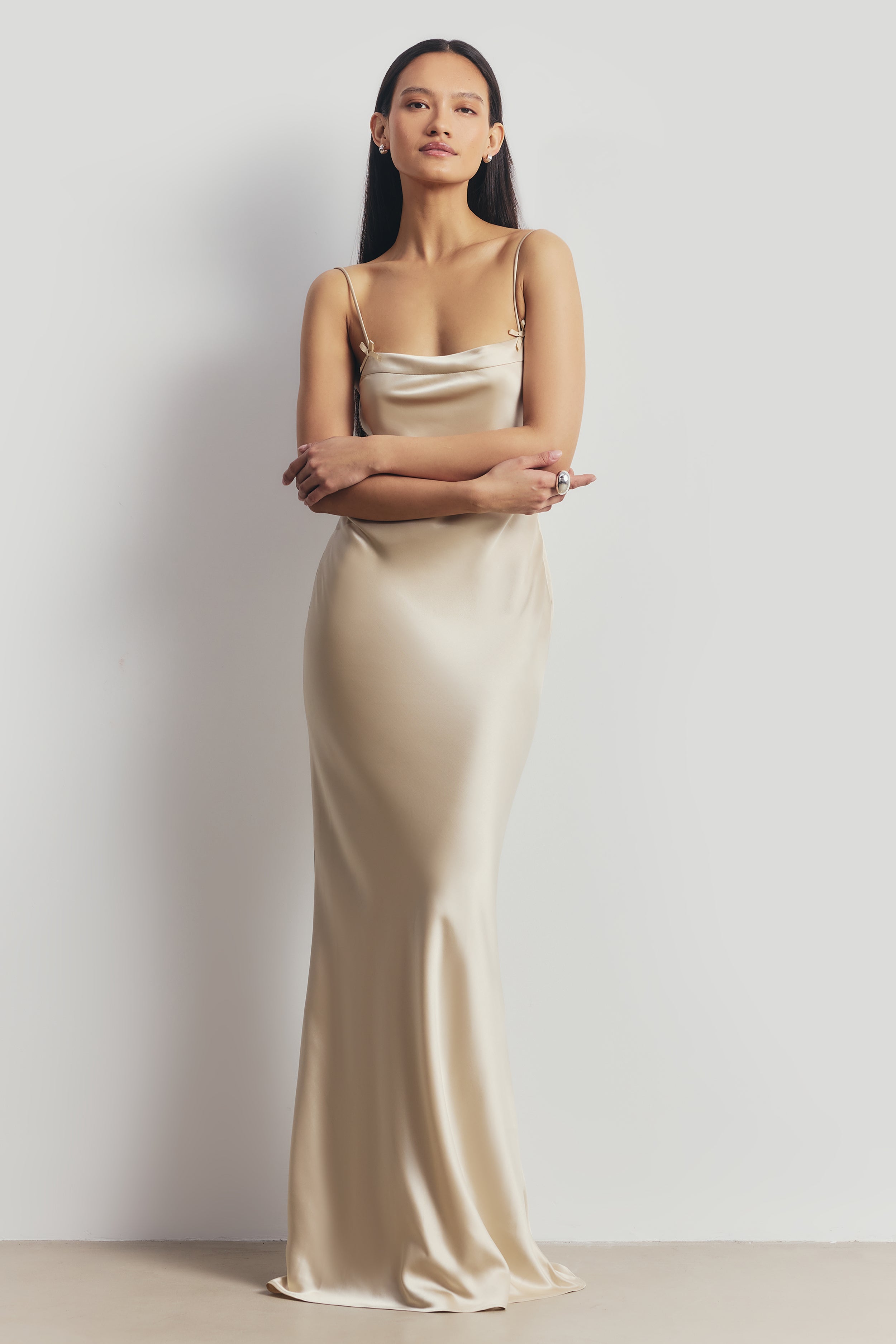 Satin 90's Slip Dress with Bow Detail - Champagne