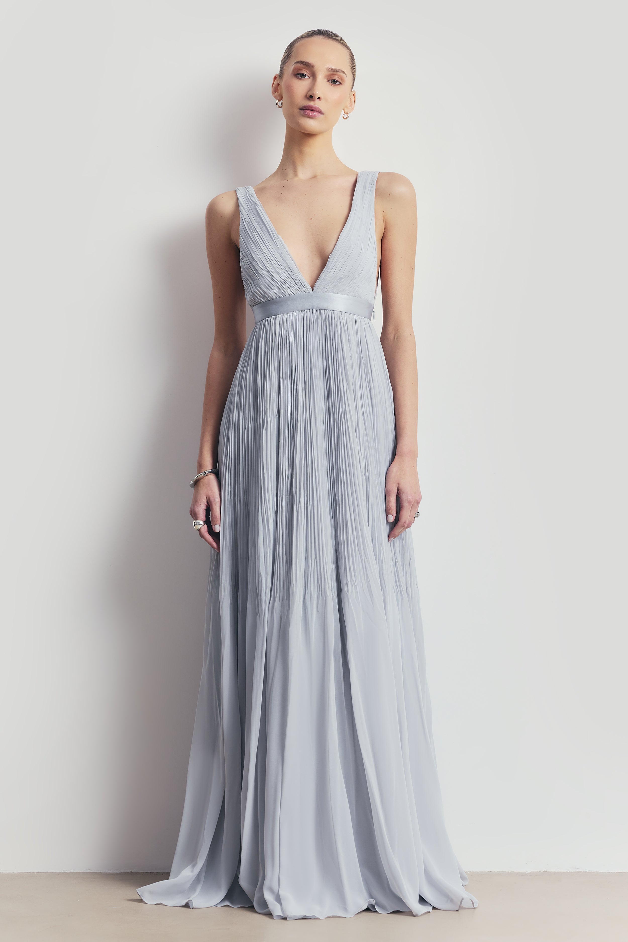 Pleated Chiffon Plunging V Neck Gown - Frost