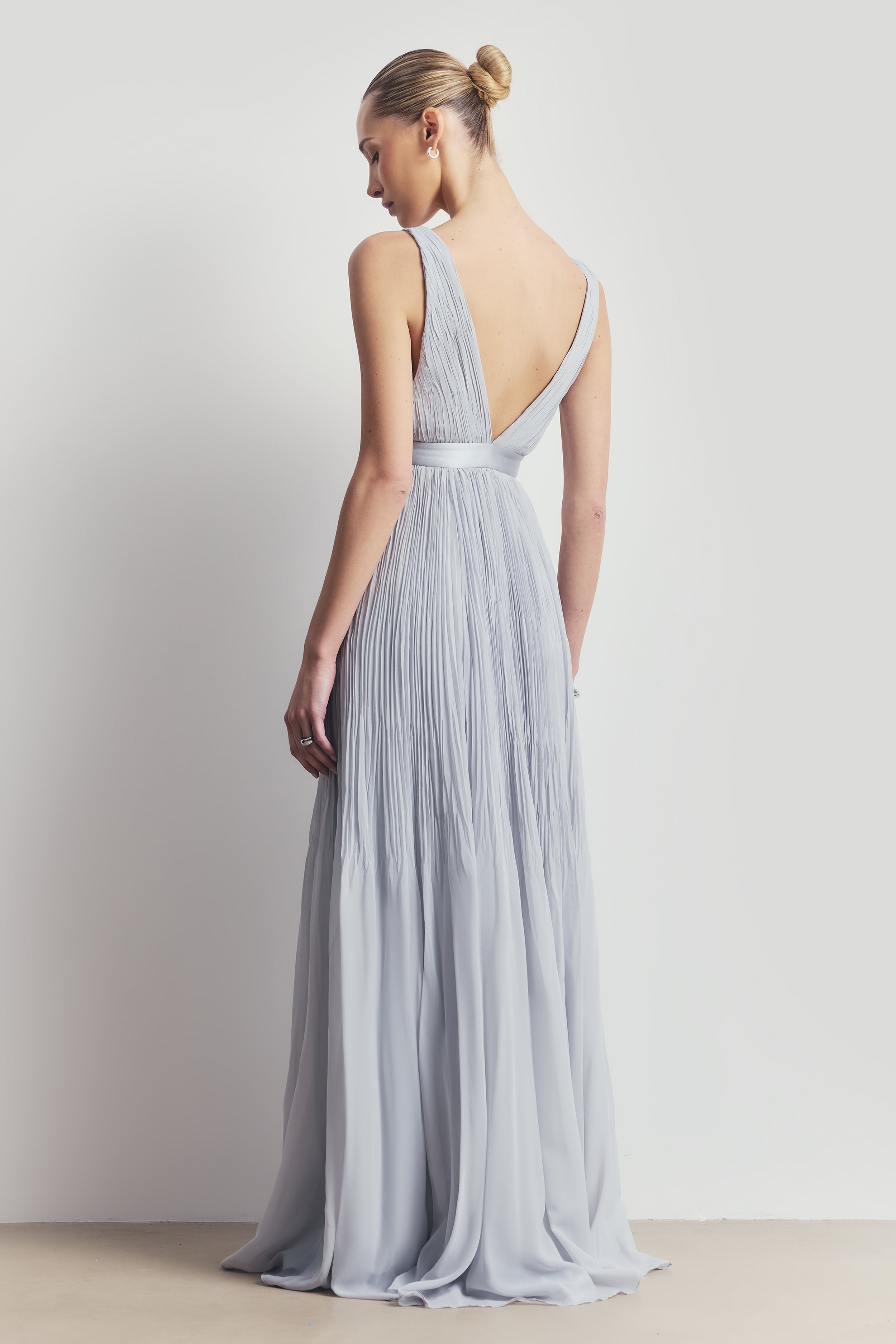 Pleated Chiffon Plunging V Neck Gown - Frost