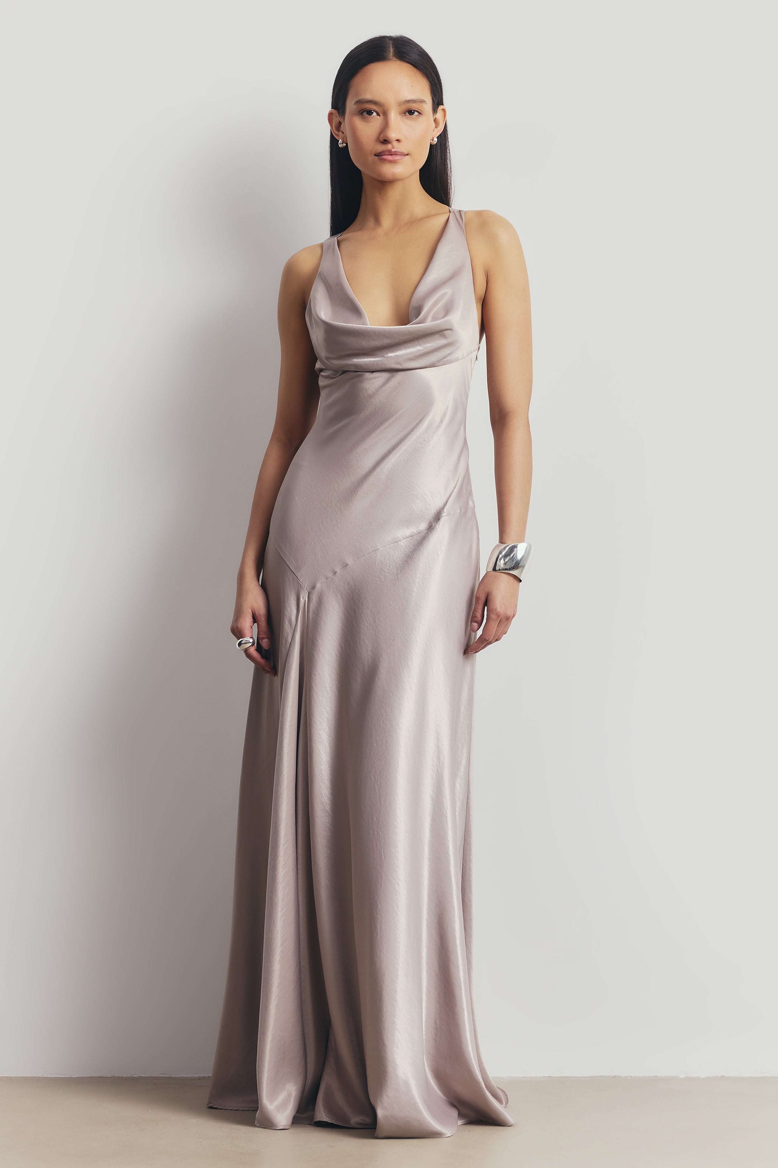 High Gloss Satin Asymmetric Panel Gown - Pebble