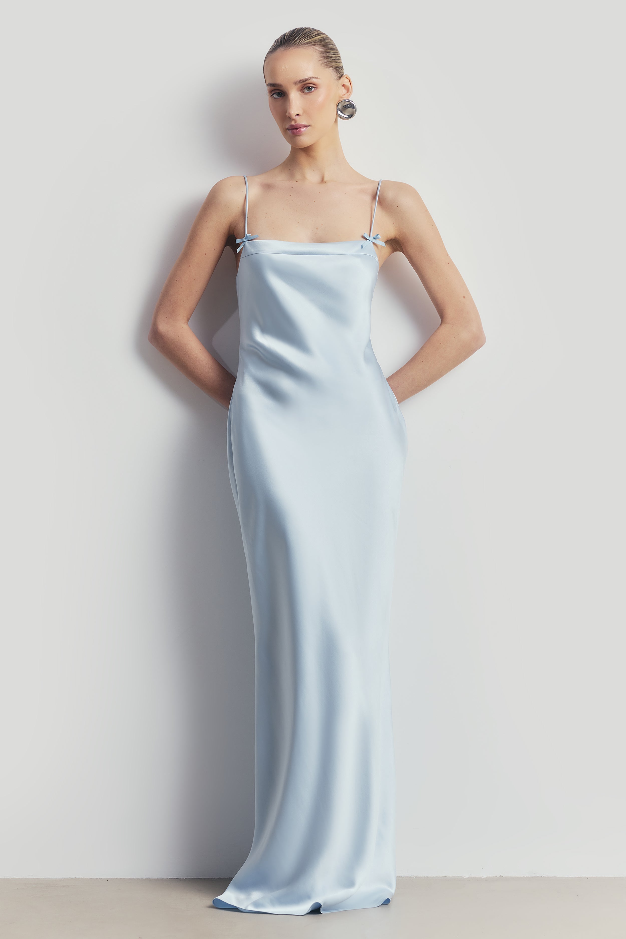 Satin 90's Slip Dress with Bow Detail - Powder Blue