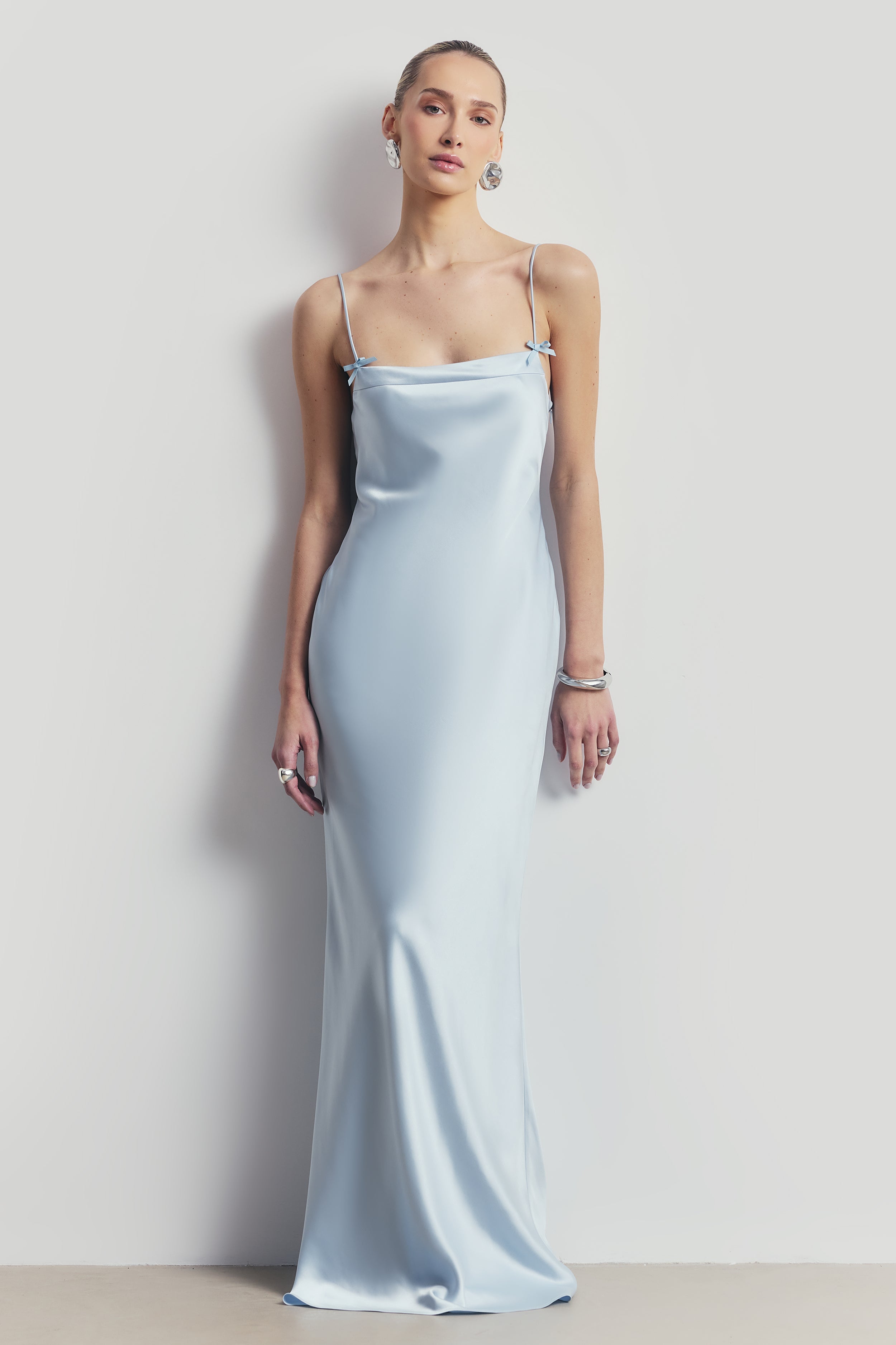 Satin 90's Slip Dress with Bow Detail - Powder Blue