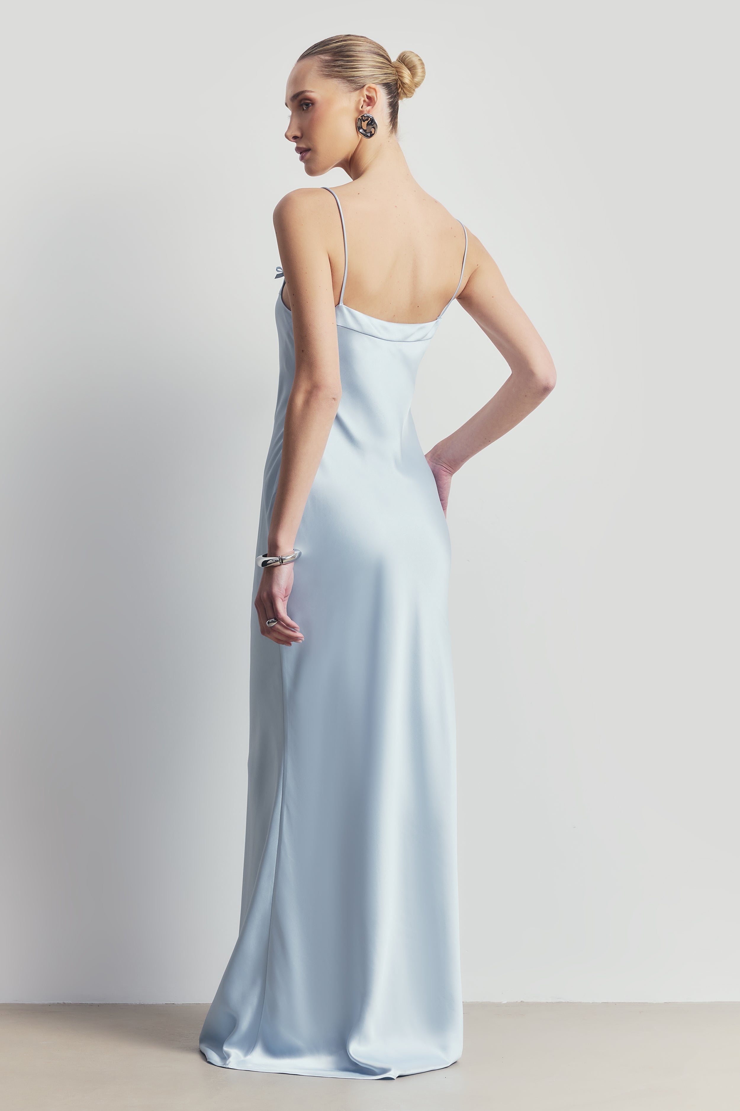 Satin 90's Slip Dress with Bow Detail - Powder Blue