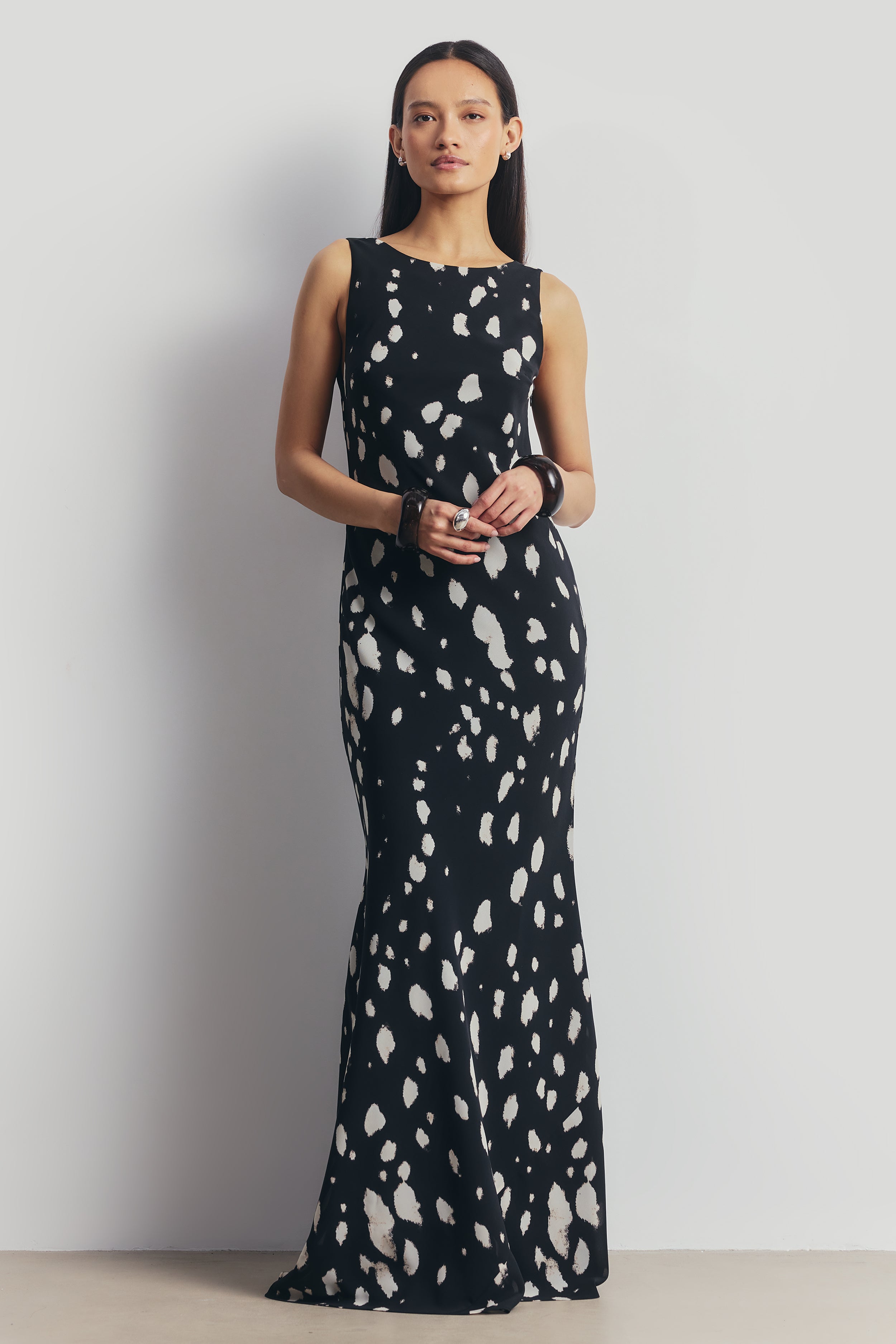 Chiffon Backless Cowl Maxi Dress - Abstract Dot