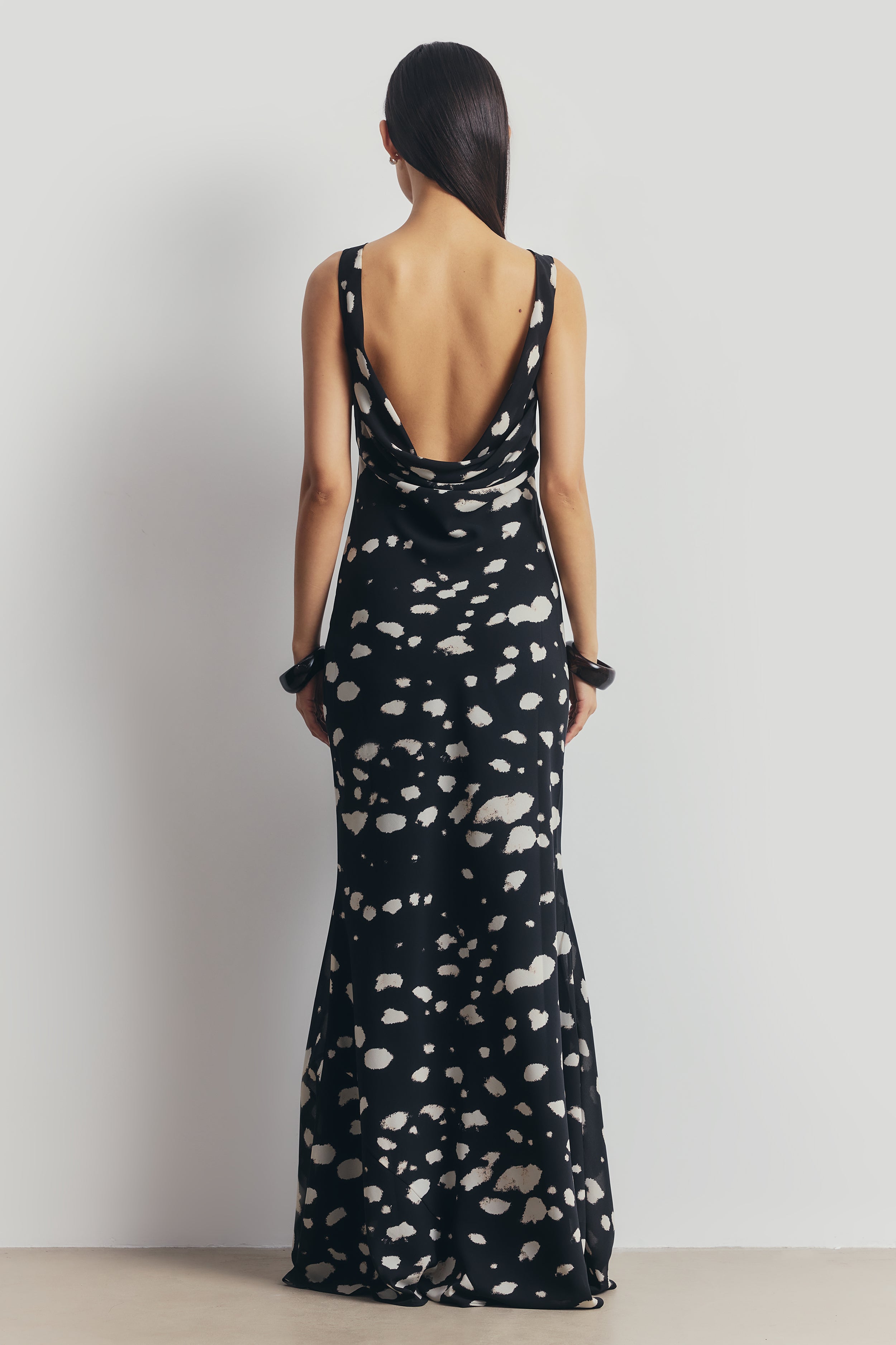 Chiffon Backless Cowl Maxi Dress - Abstract Dot