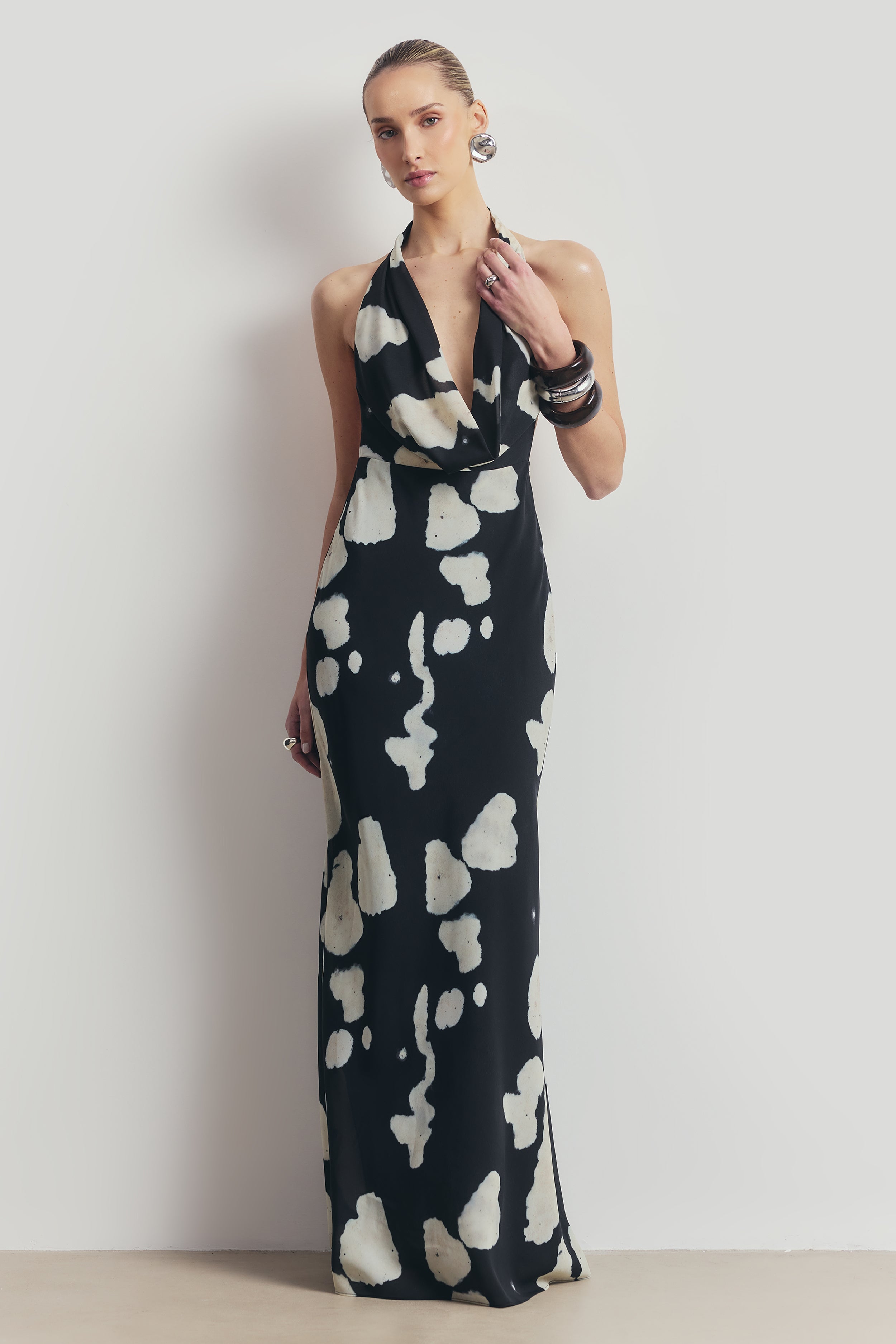 Chiffon Plunging Cowl Neck Maxi Dress - Abstract Pebble