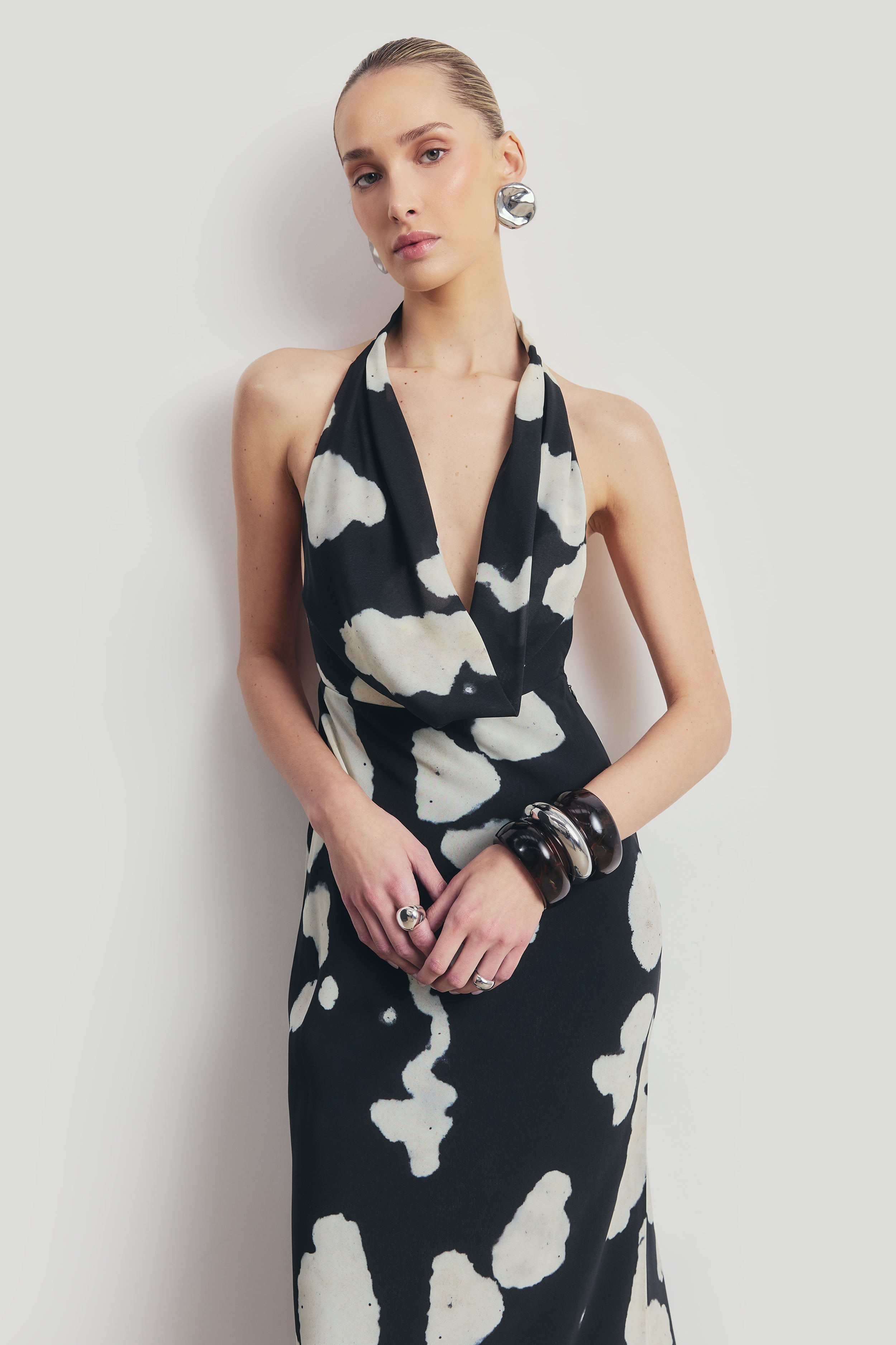 Chiffon Plunging Cowl Neck Maxi Dress - Abstract Pebble