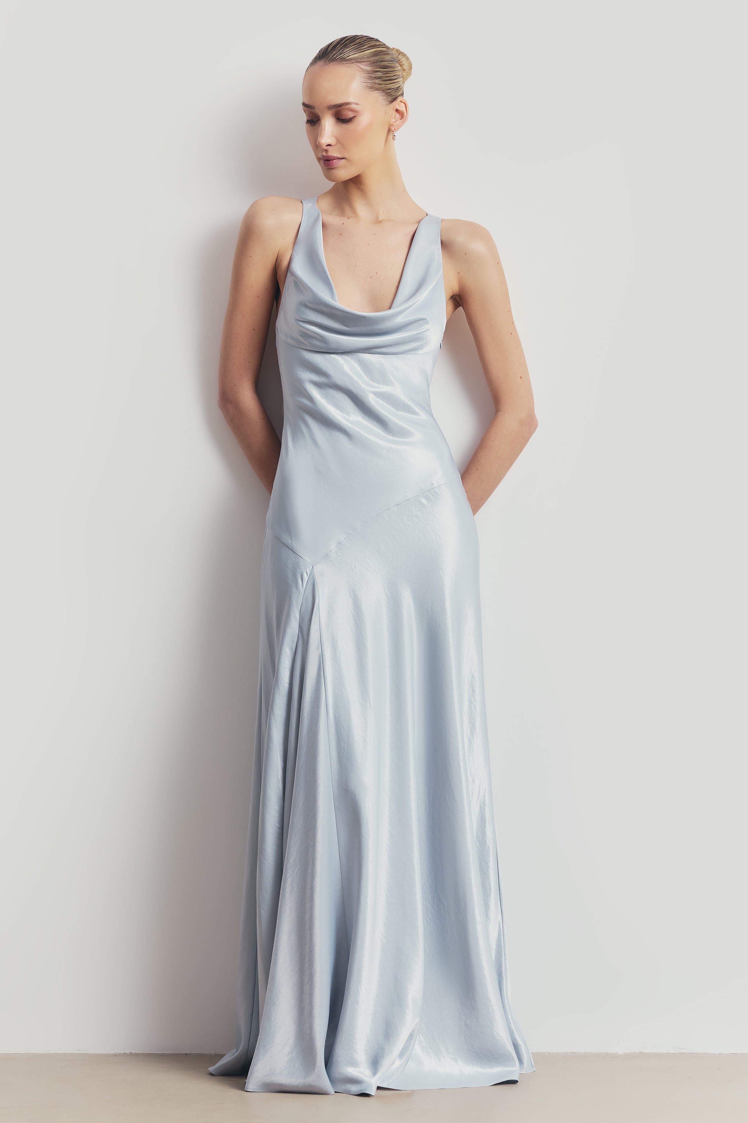 High Gloss Satin Asymmetric Panel Gown - Frost