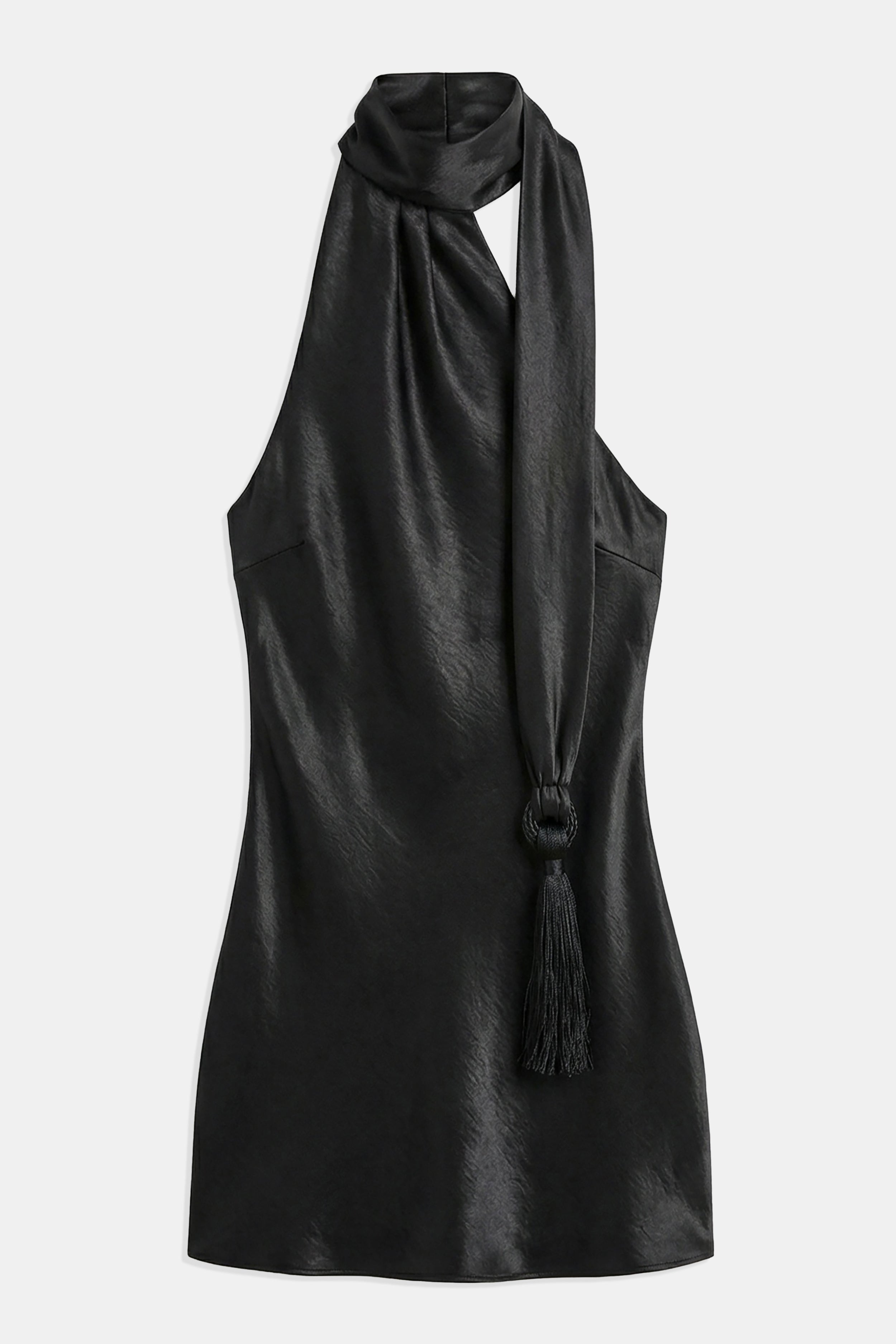 Satin Halterneck Scarf Mini Dress with Tassel - Black