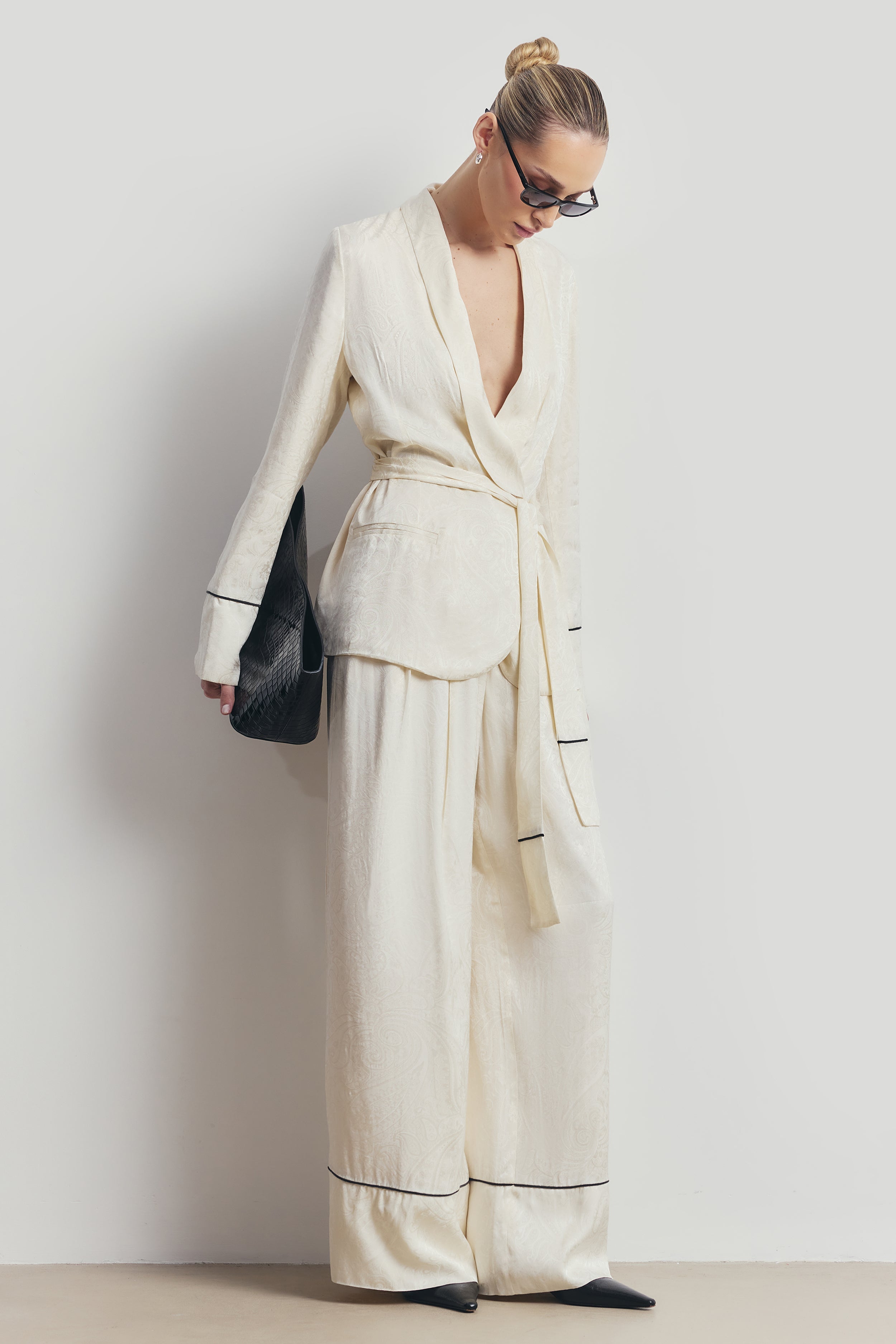Pleated Jacquard Wide Leg Trousers - Cream