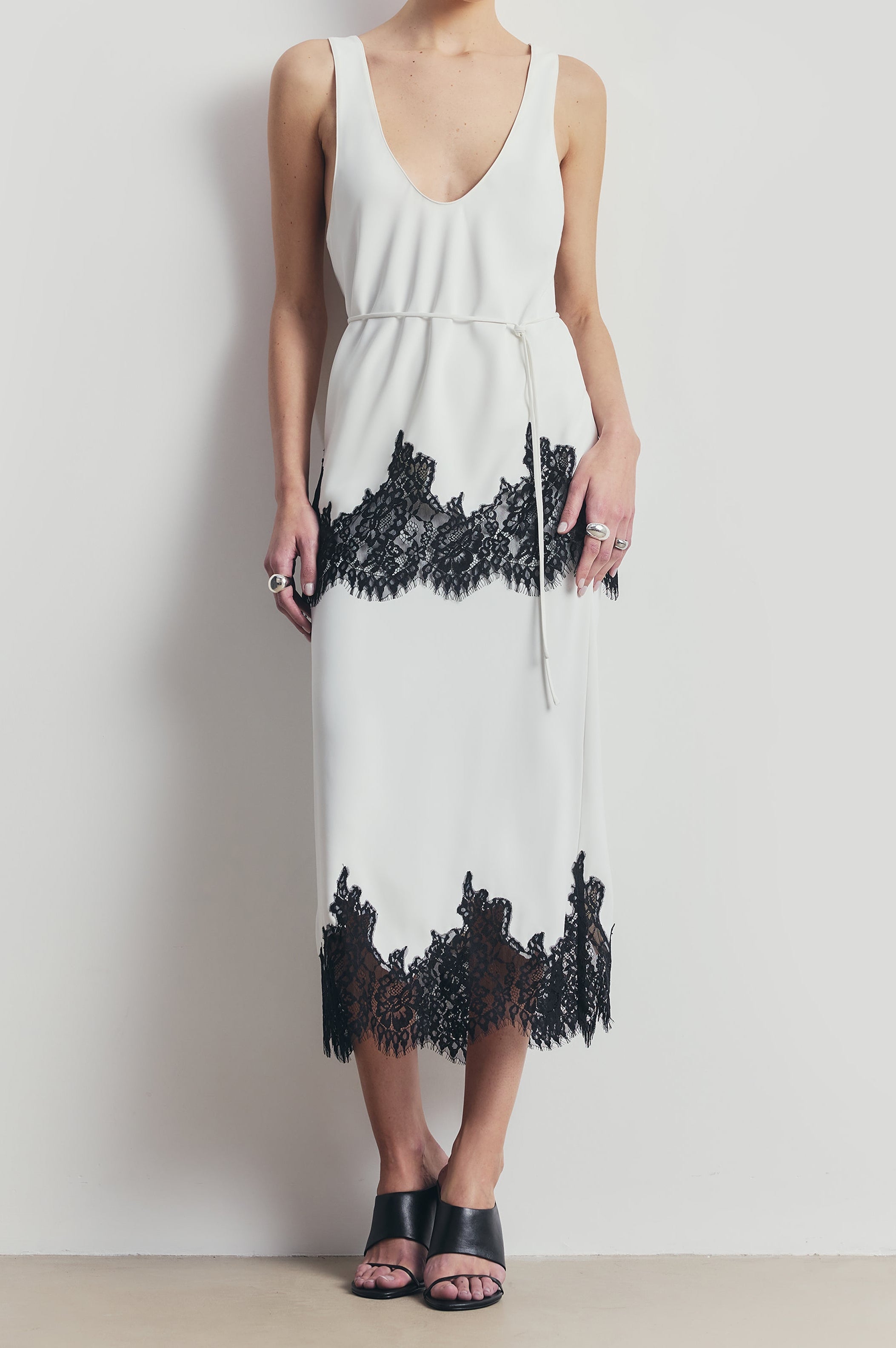 Lace Hem Column Maxi Skirt - White