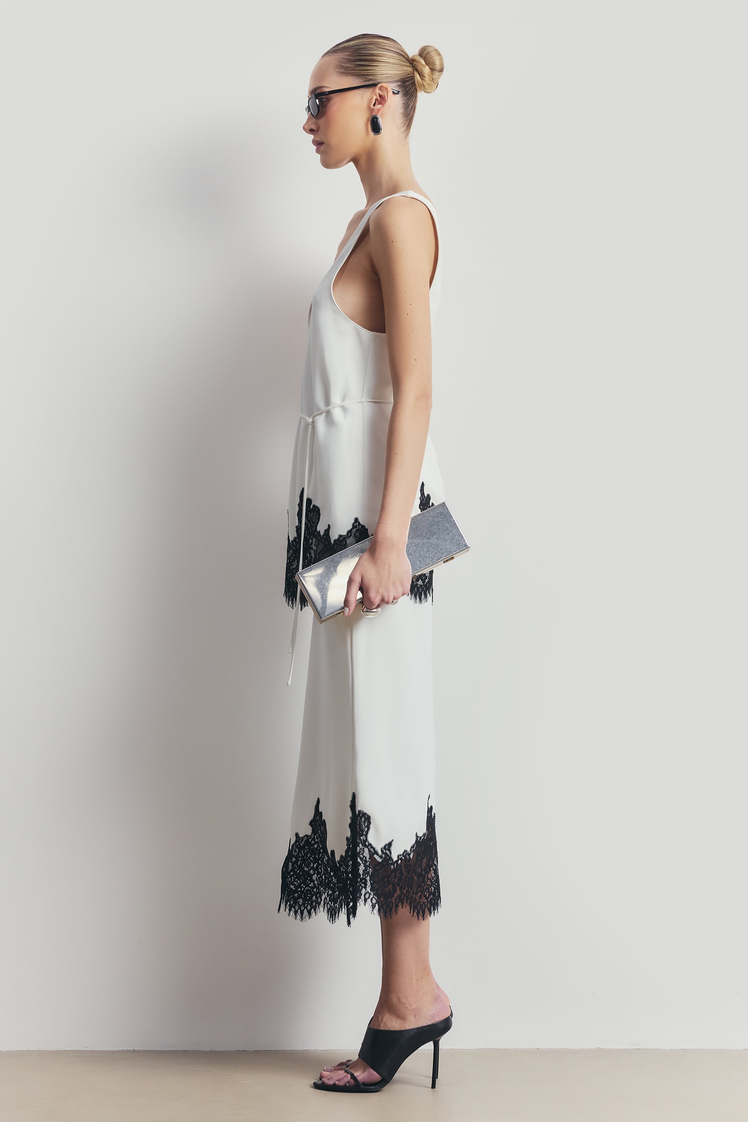 Lace Hem Column Maxi Skirt - White