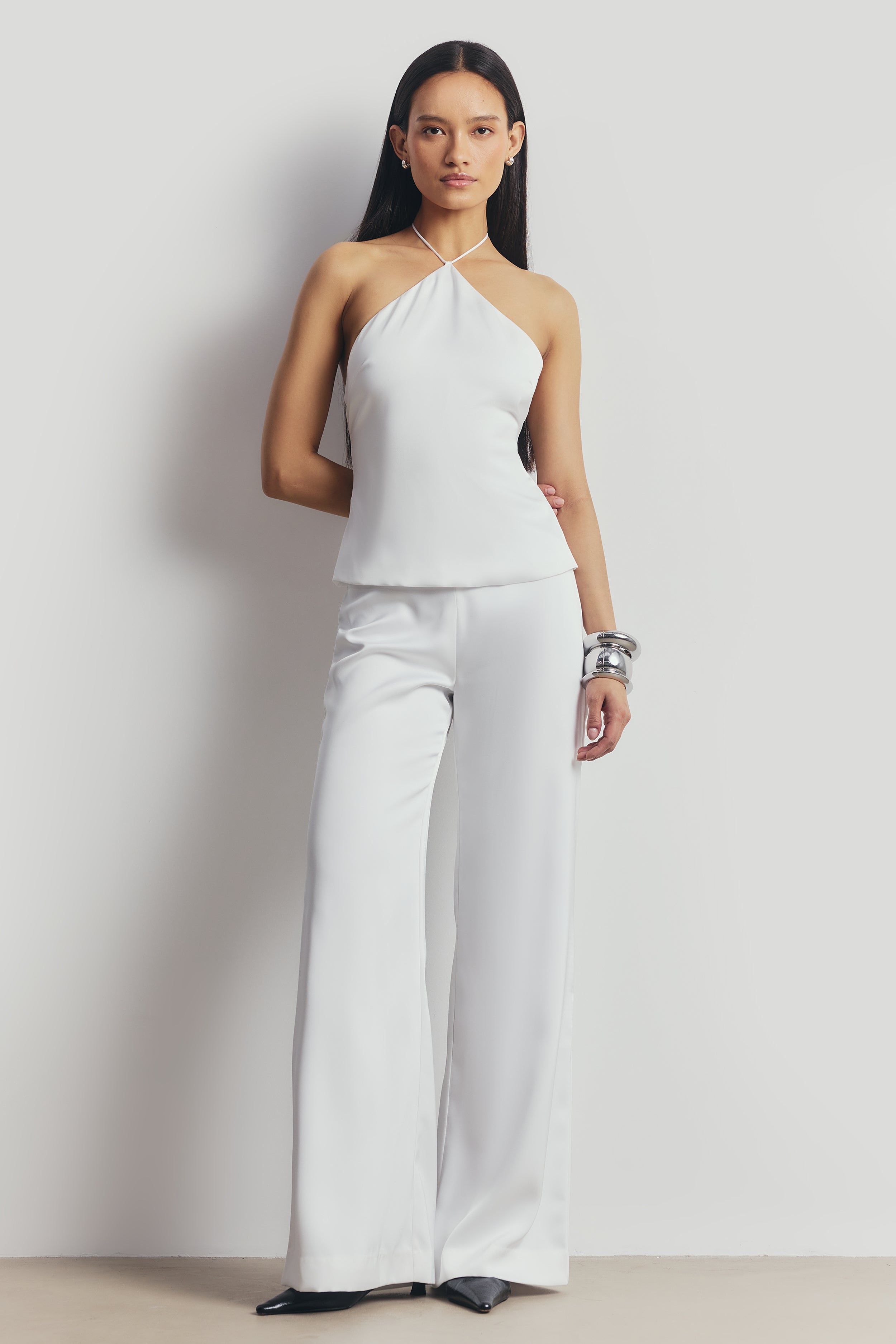 Tailored Satin Wide Leg Trousers - White