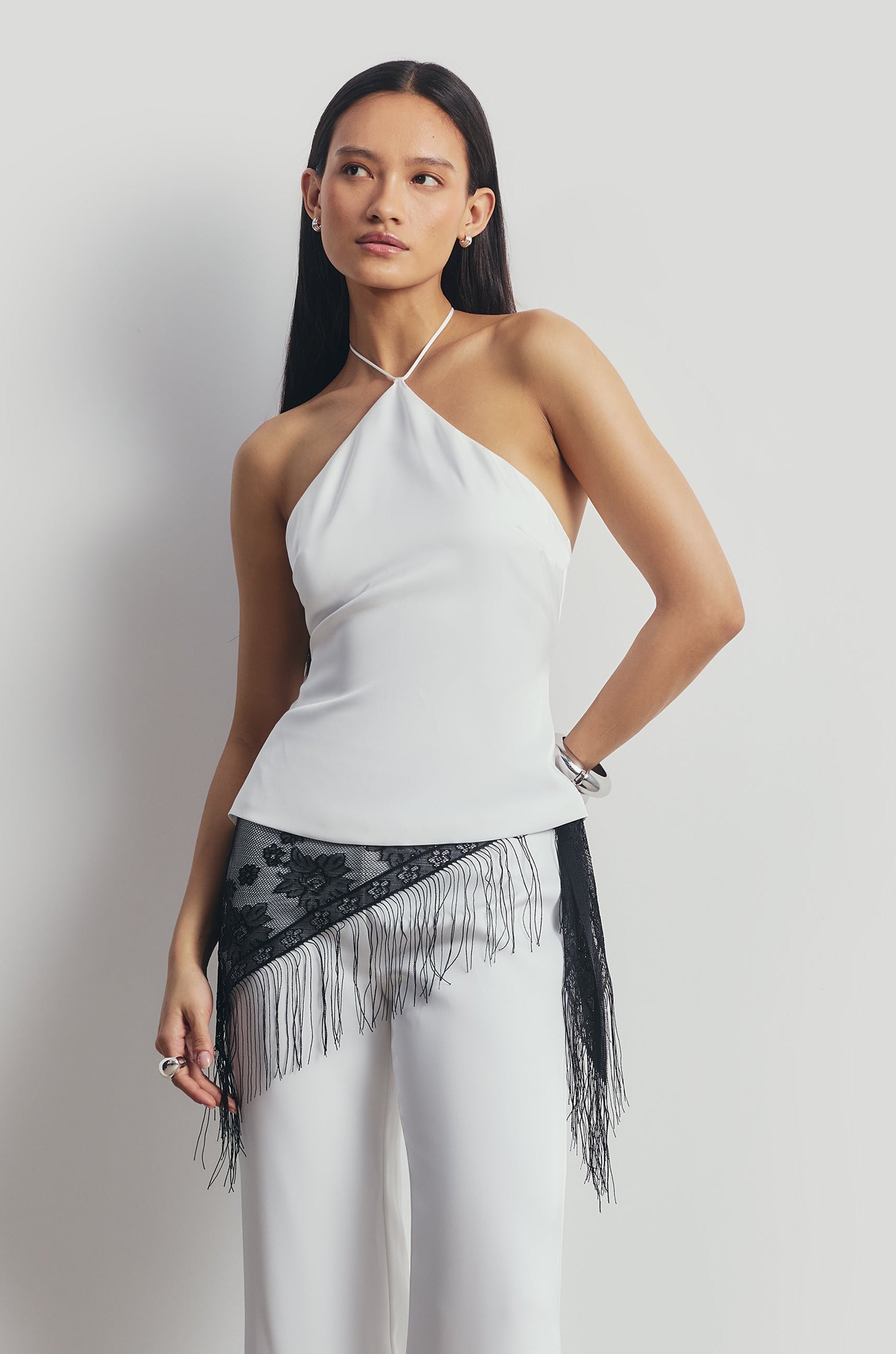 Tailored Satin Halterneck Top - White