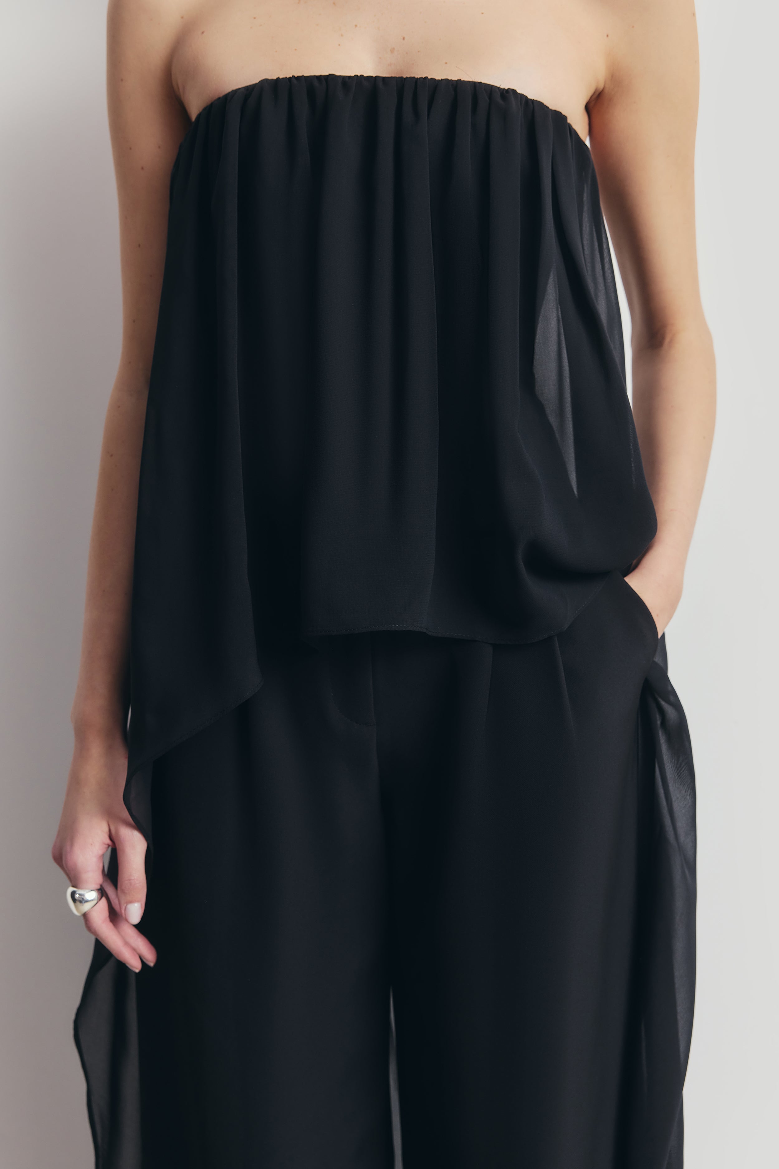 Strapless Chiffon Layered Corset Top - Black