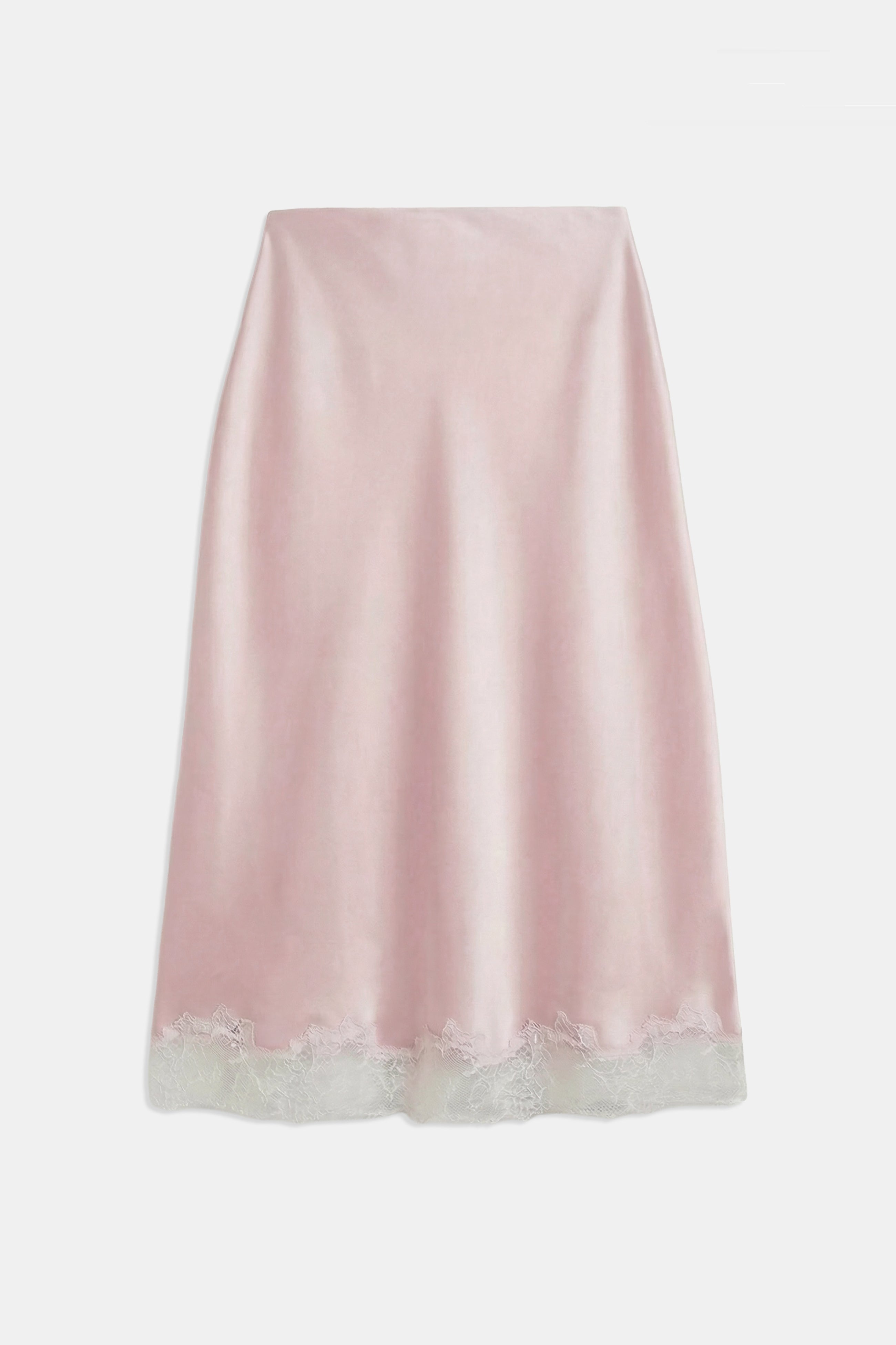 Satin Lace Detail Midi Skirt - Blush/White