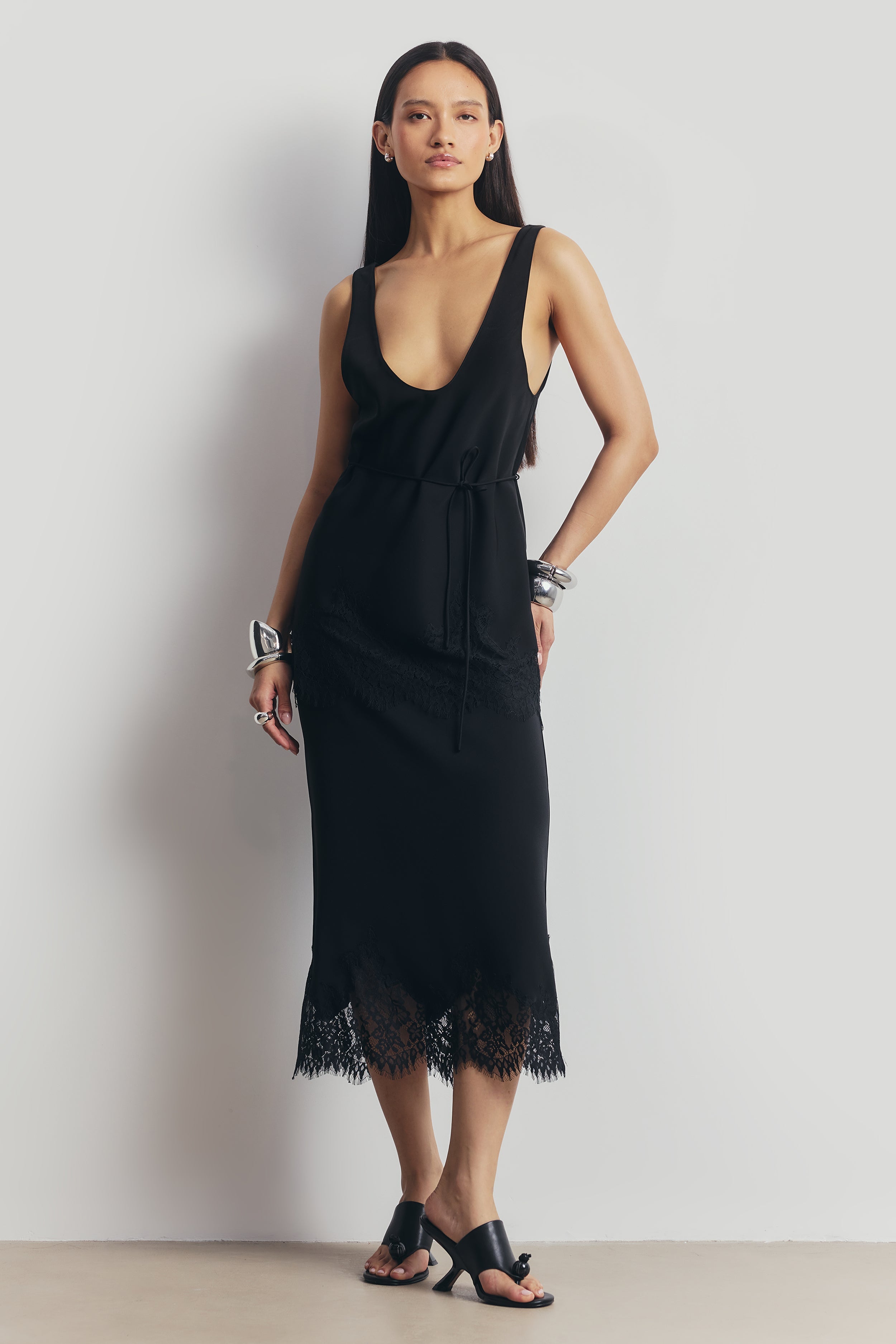Lace Hem Column Maxi Skirt - Black