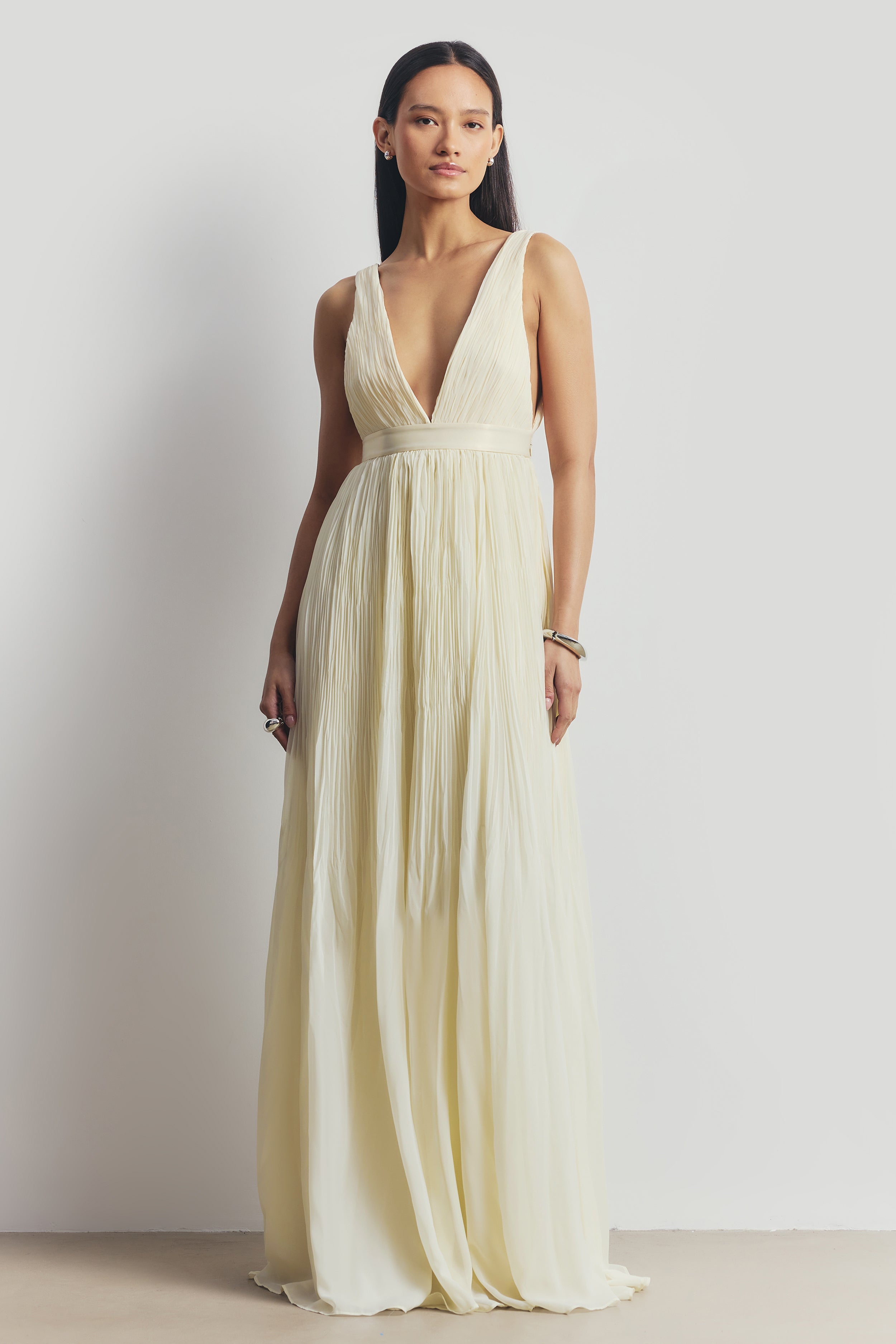 Pleated Chiffon Plunging V Neck Gown - Buttermilk