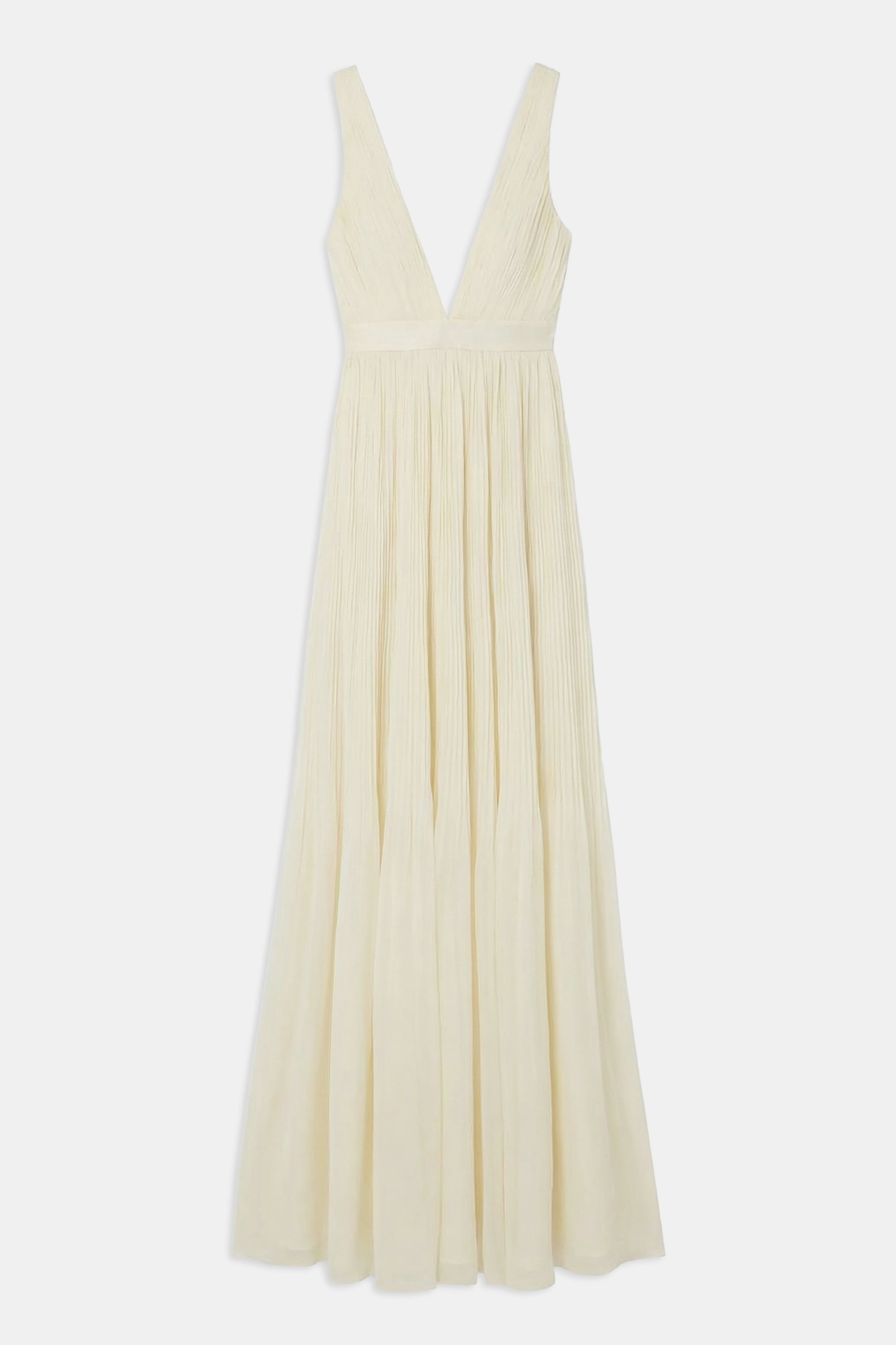 Pleated Chiffon Plunging V Neck Gown - Buttermilk