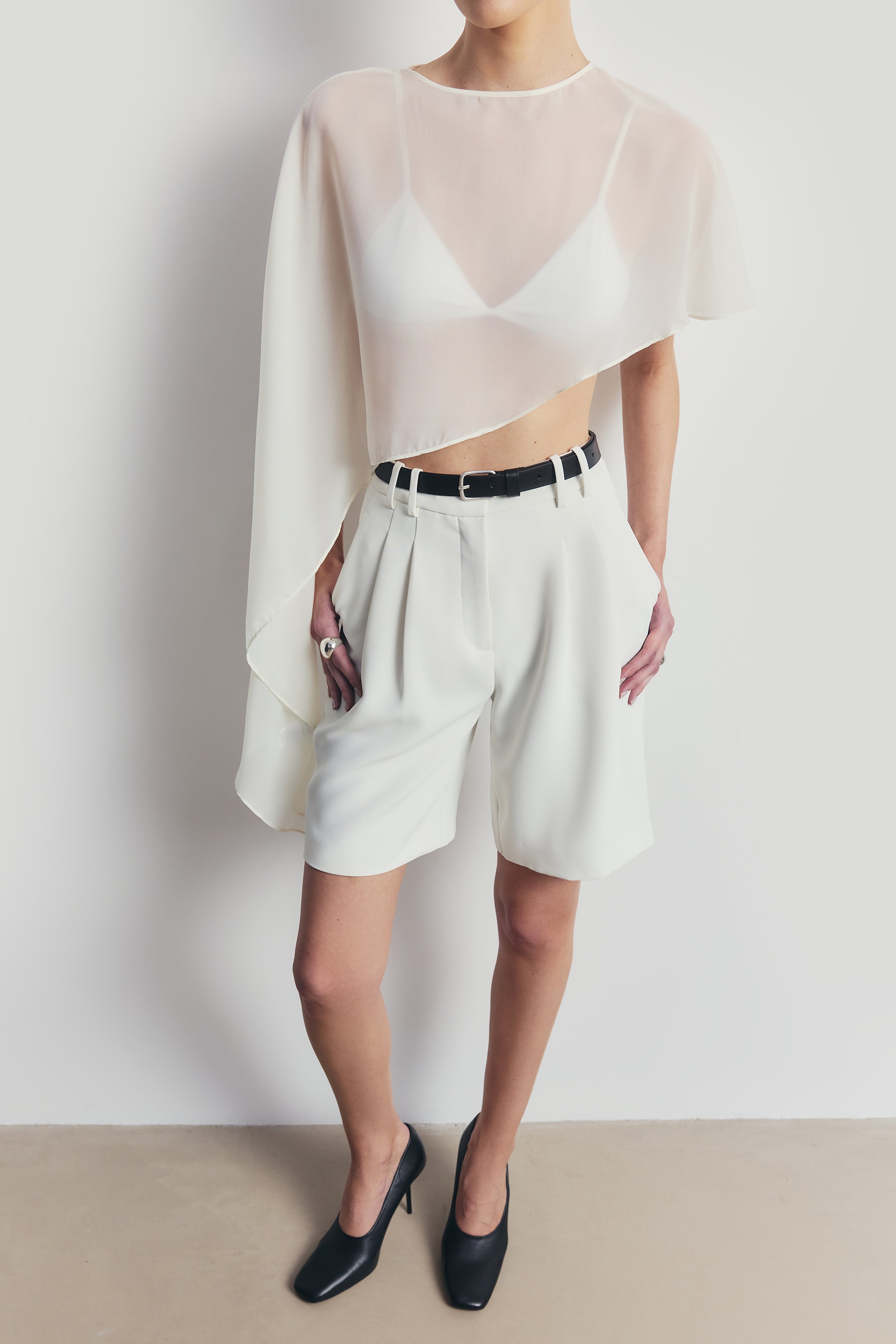 Sheer Chiffon Asymmetric Cape - Cream