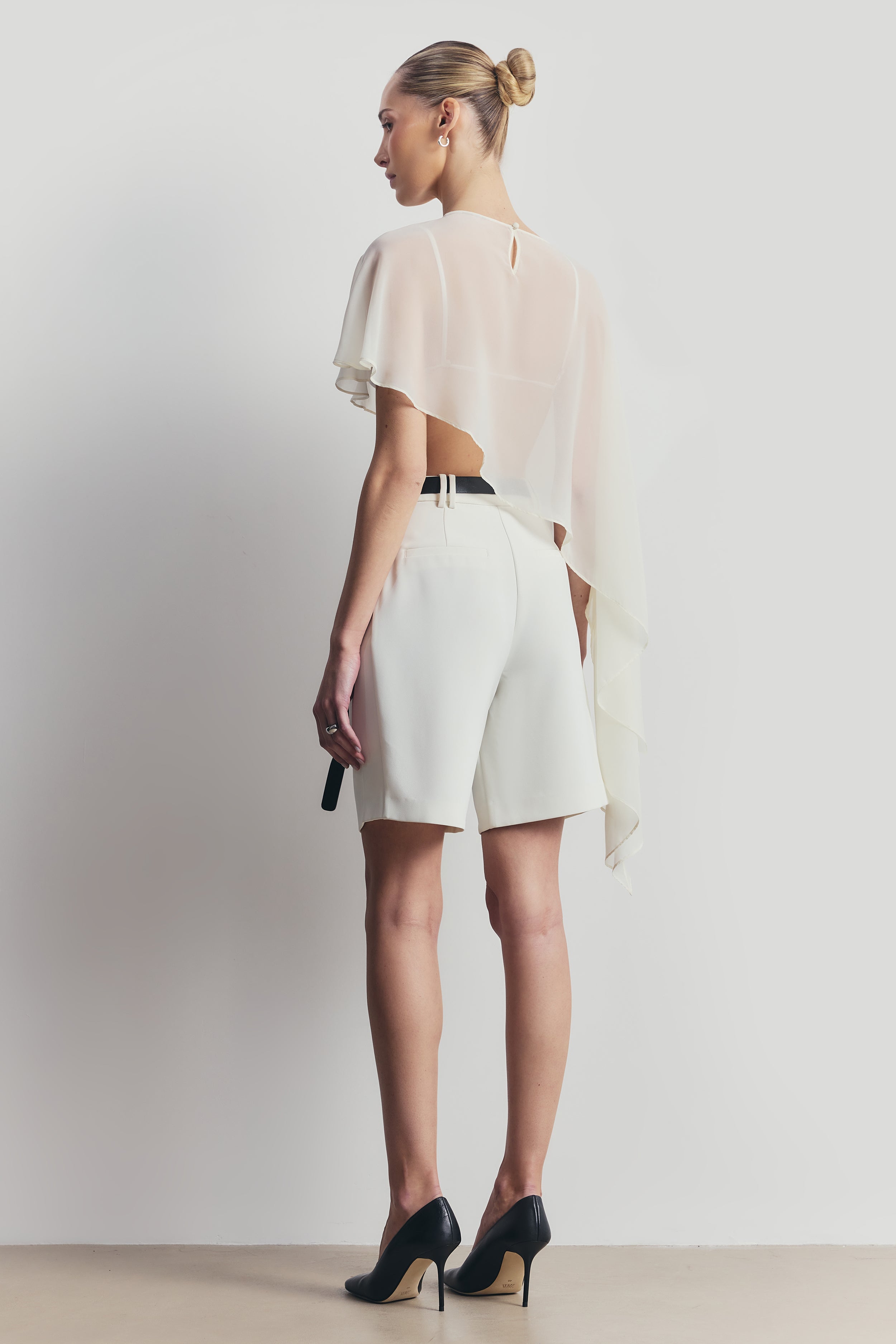 Sheer Chiffon Asymmetric Cape - Cream