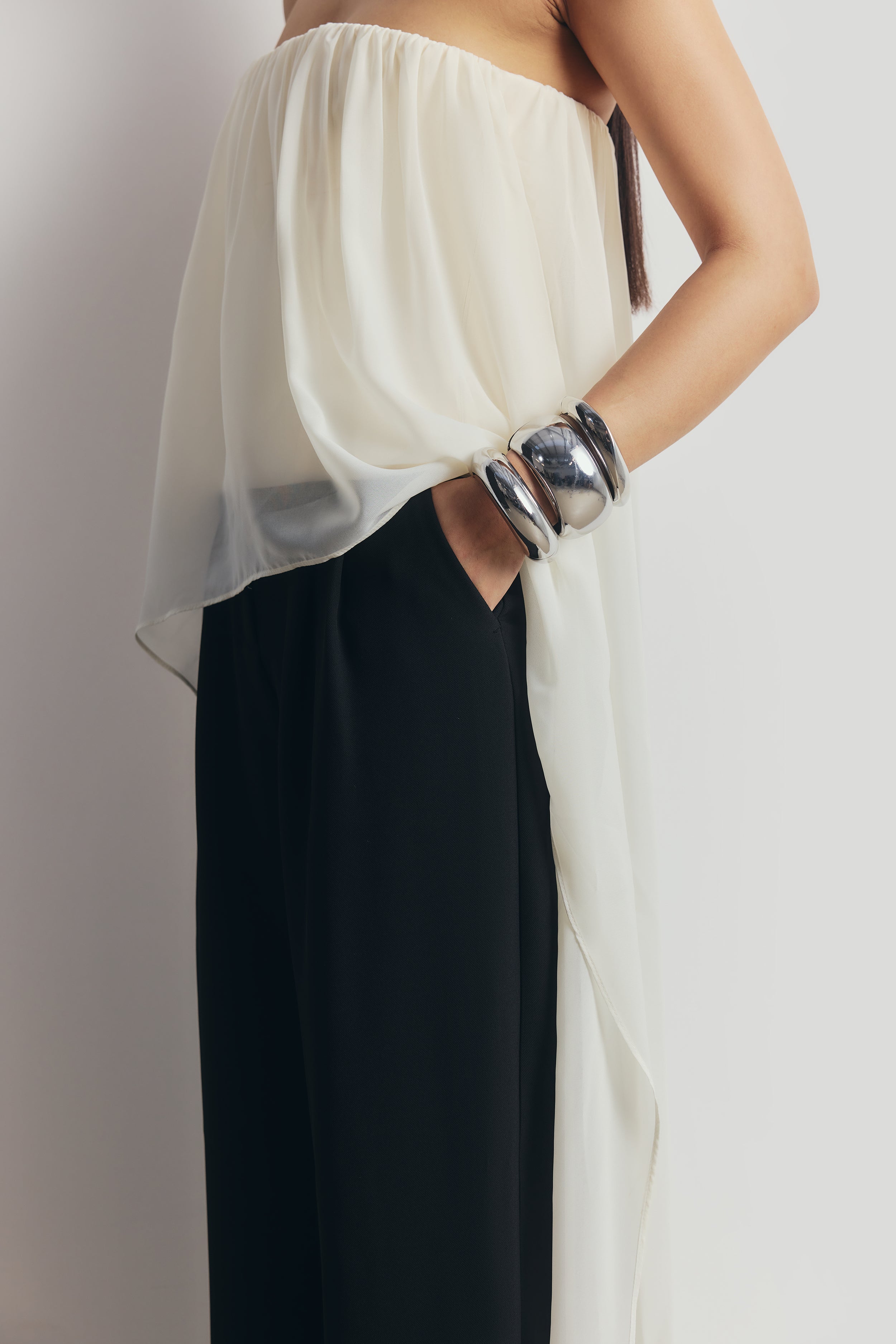 Strapless Chiffon Layered Corset Top - Cream