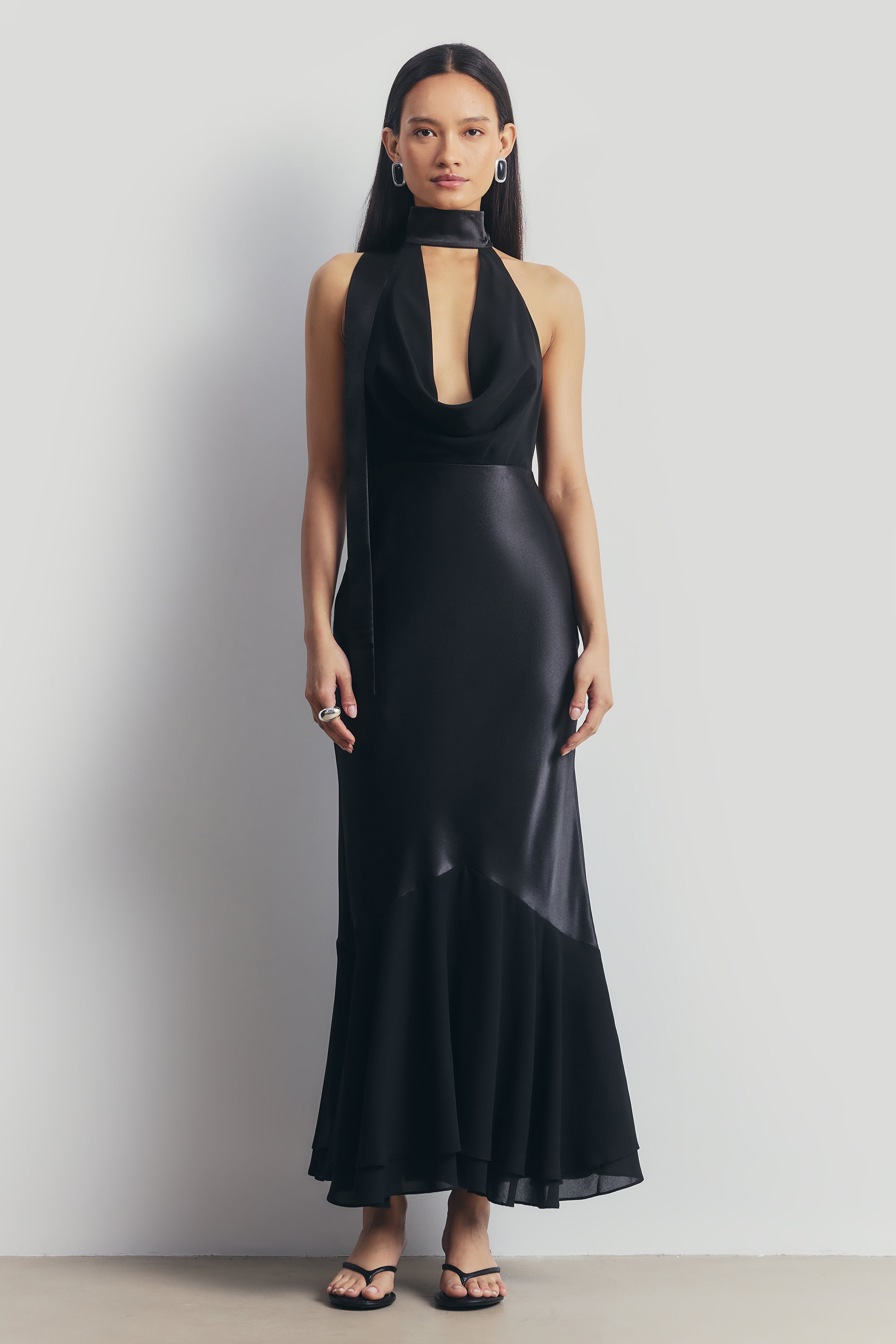 Satin Panel Scarf Detail Midi Dress - Black