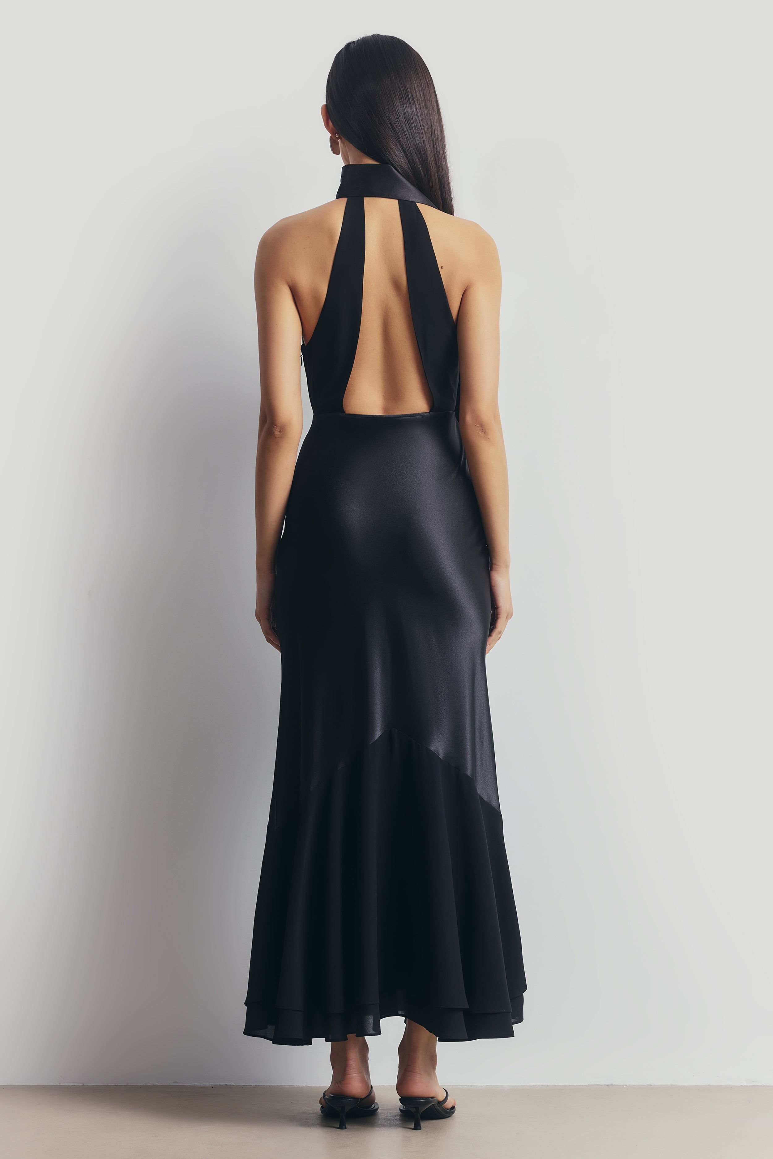 Satin Panel Scarf Detail Midi Dress - Black