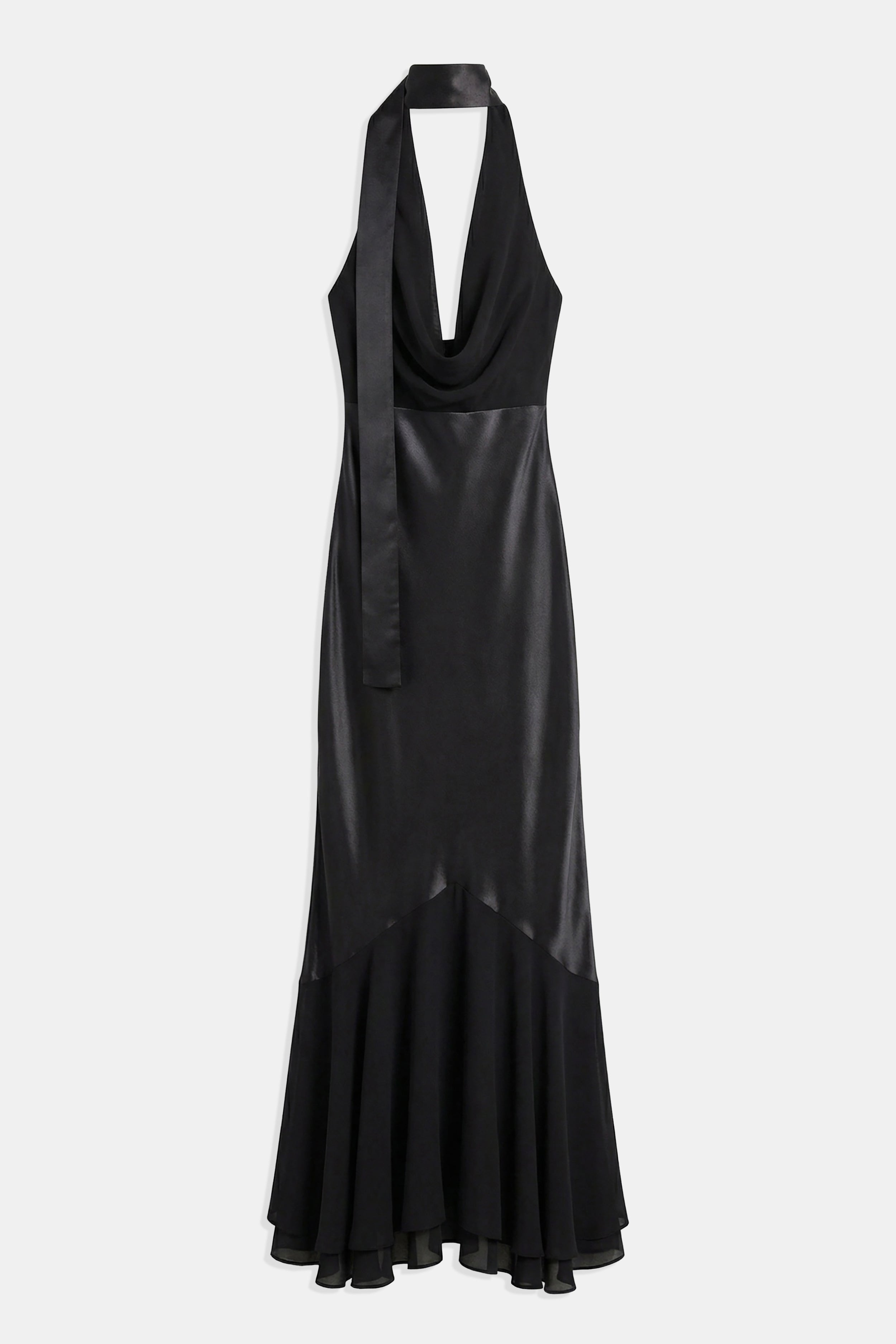 Satin Panel Scarf Detail Midi Dress - Black