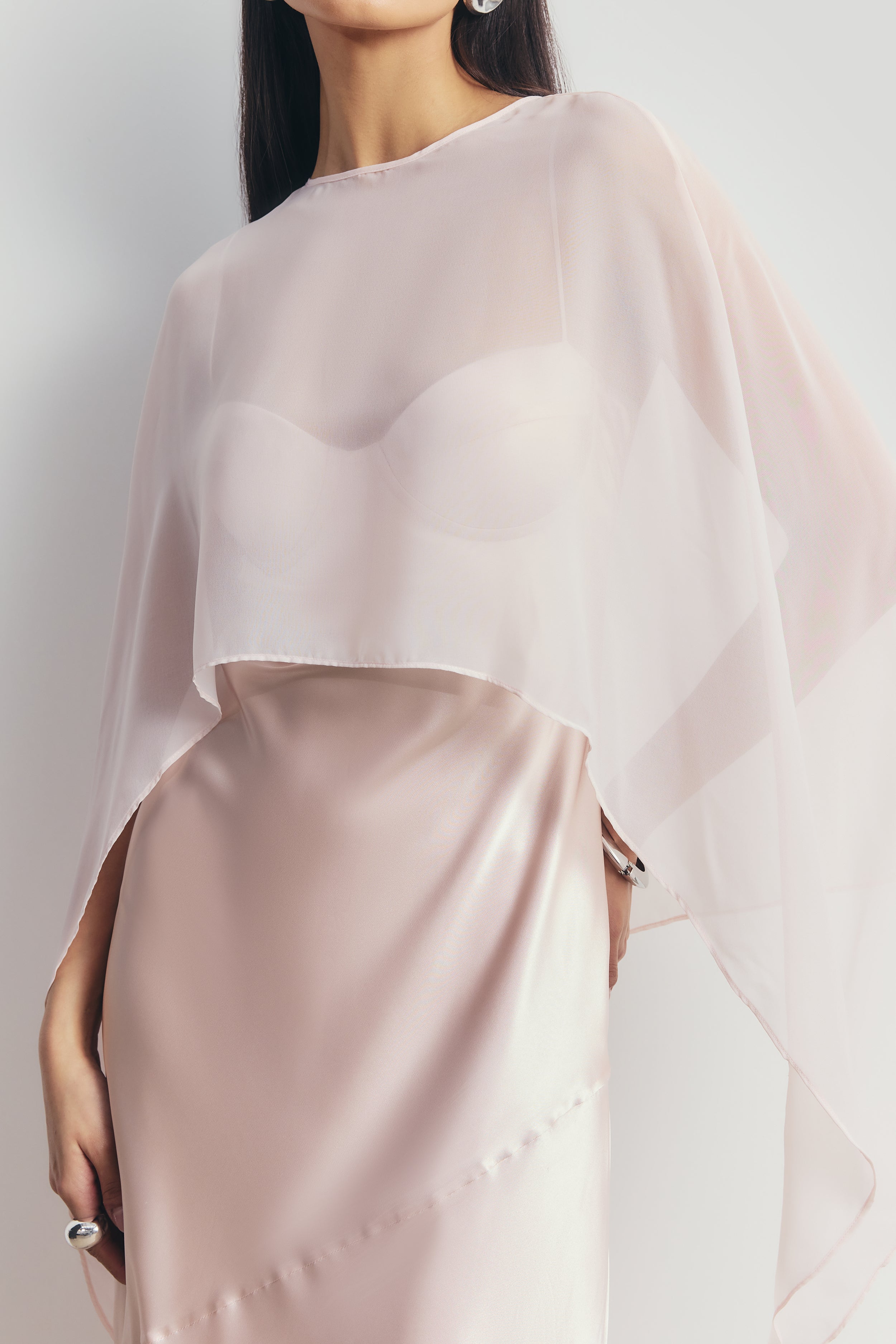 Sheer Chiffon Curved Hem Cape - Blush