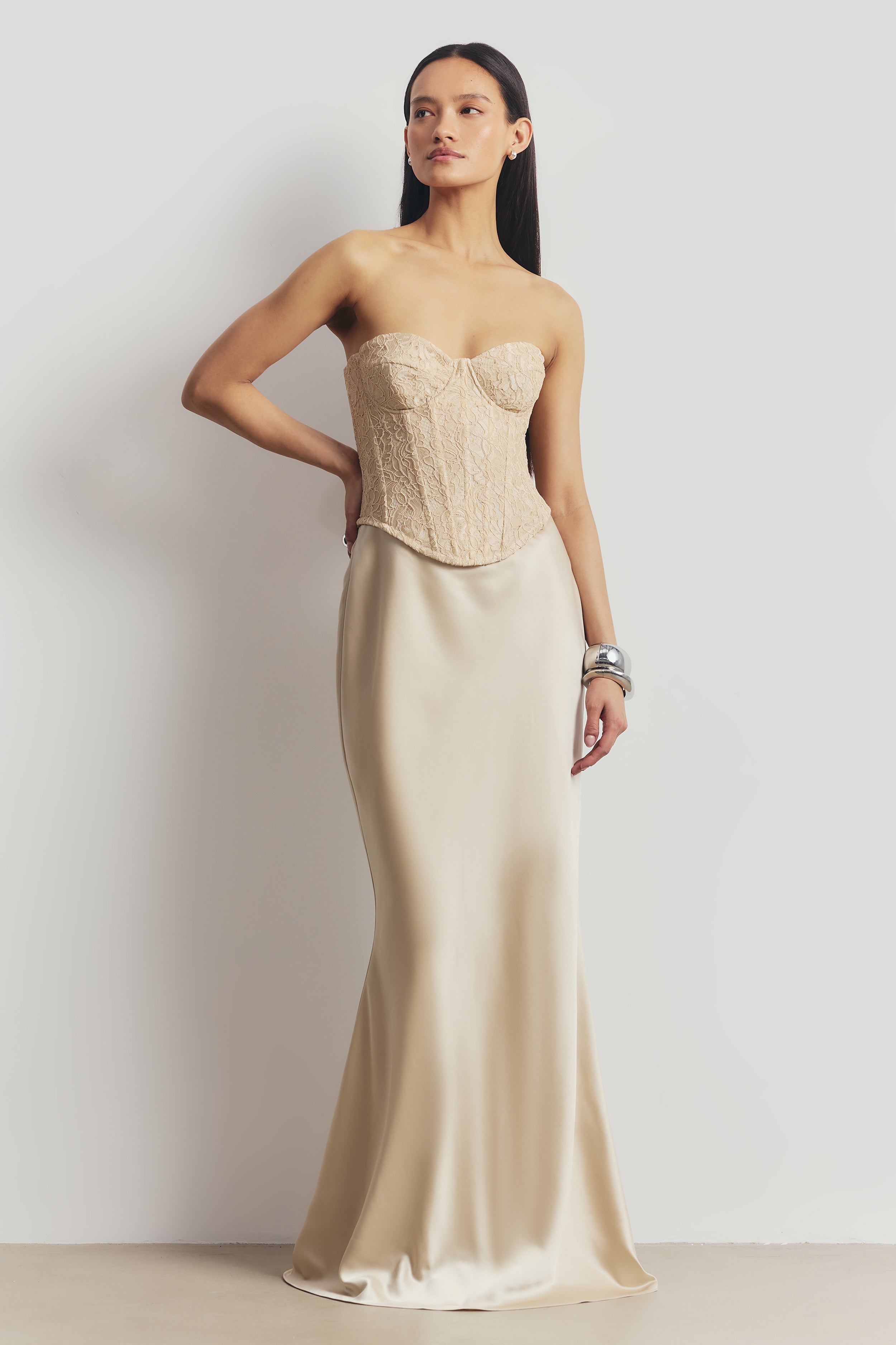 Lace Corset Gown with Sweetheart Neckline - Champagne