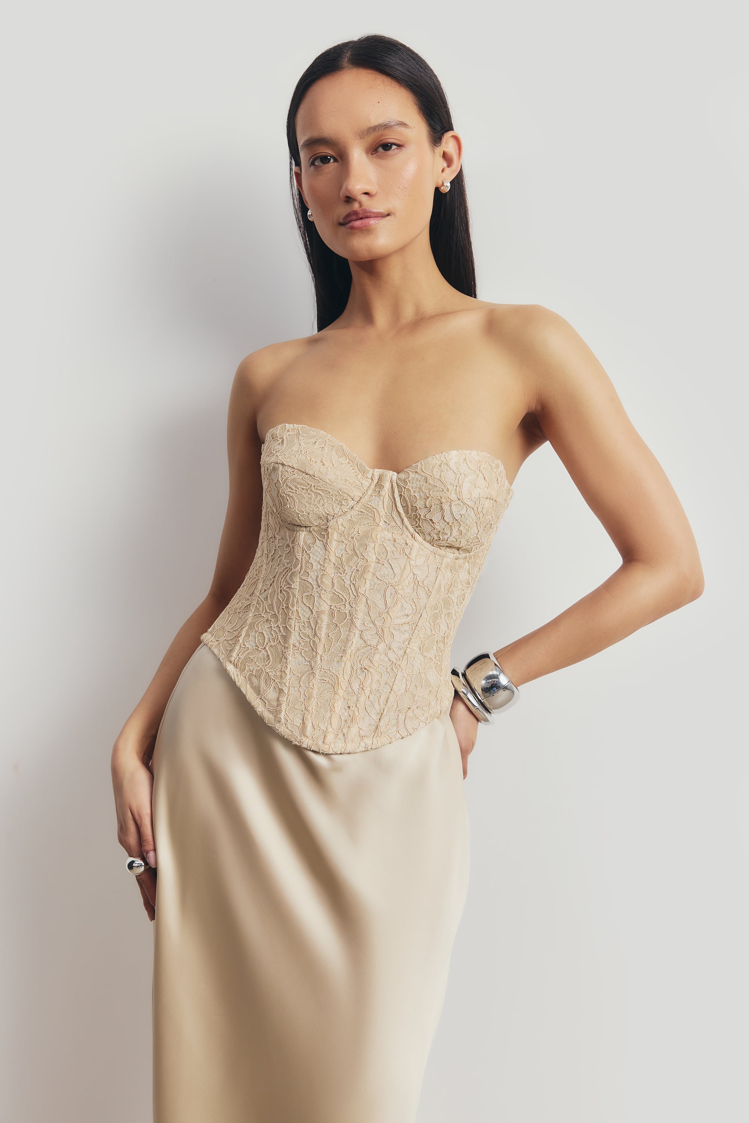 Lace Corset Gown with Sweetheart Neckline - Champagne