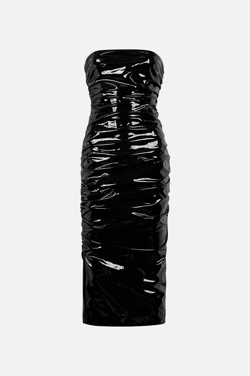 Vinyl Ruched Midi Dress - Black