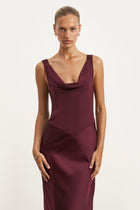Cowl Neck Satin Panel Gown - Mulberry