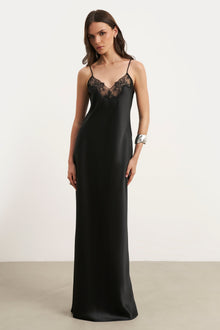Satin Lace Detail Camisole Maxi Dress - Black