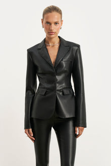 Cinched Waist Leather Blazer - Black
