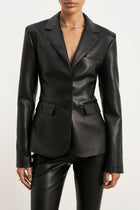 Cinched Waist Leather Blazer - Black
