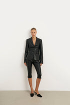 Cinched Waist Leather Blazer - Black