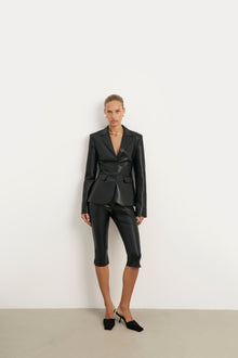 Cinched Waist Leather Blazer - Black