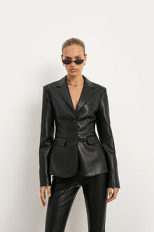 Cinched Waist Leather Blazer - Black