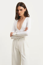 Longsleeve V Neck Plunge Bodysuit - White