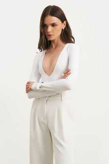 Longsleeve V Neck Plunge Bodysuit - White