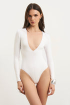 Longsleeve V Neck Plunge Bodysuit - White
