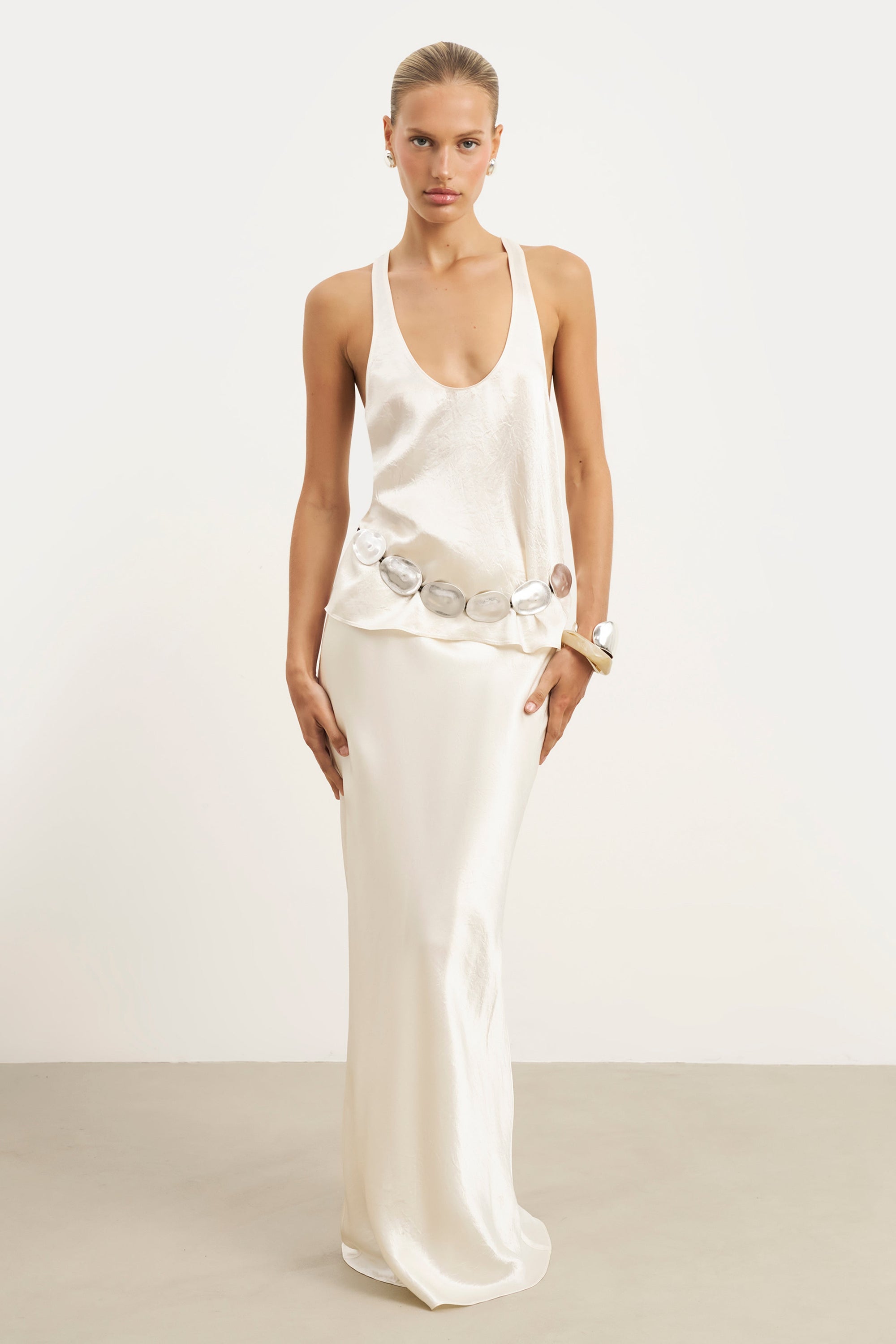 Crushed Satin Bias Cut Maxi Skirt - Champagne
