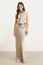 Crushed Satin Bias Cut Maxi Skirt - Pebble